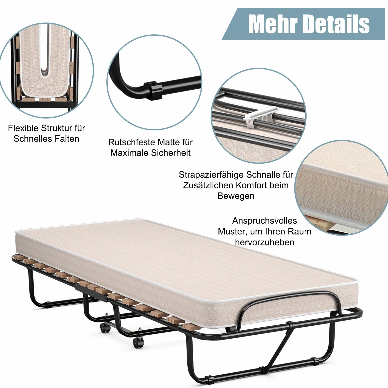 COSTWAY Łóżko dla gości 80x190 cm składane z materacem piankowym memory metalowe do 130 kg na kółkach beżowe