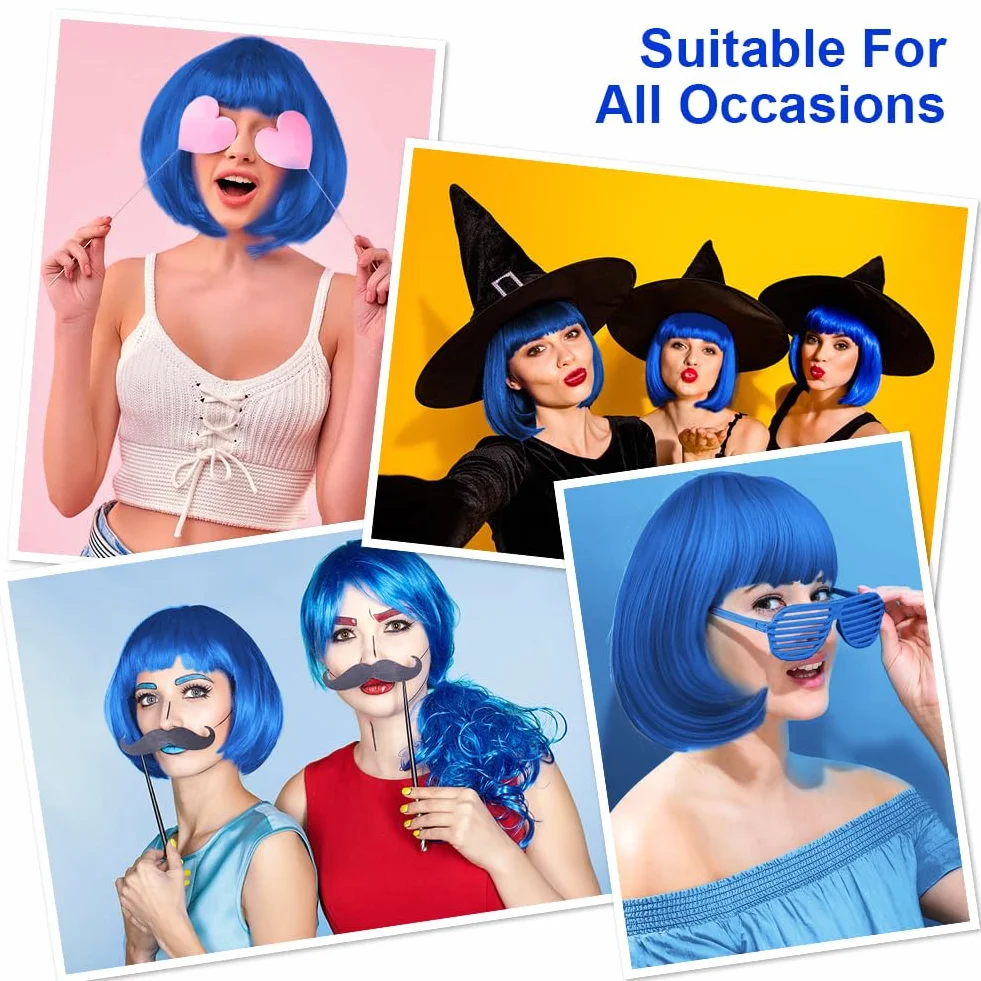 AUYAO Królewski niebieski peruka brokatowa krótka prosta Anime Cosplay peruka z siatką włosy, krótkie peruki Bob z grzywką, peruki w kolorze neonowym na Halloween karnawał dla kobiet i dziewcząt