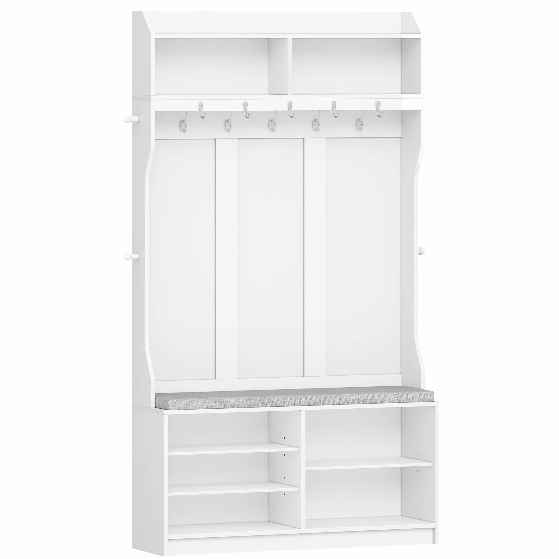 HEXCELEN Wieszak garderobiany z ławką na buty, garderoba z 14 haczykami i 7 otwartymi półkami, regulowane półki regałowe, do przedpokoju, salonu, 30 x 100 x 183,4 cm, biały