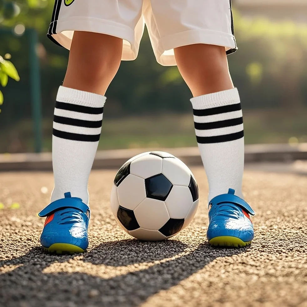 EQLEF Skarpetki piłkarskie dla dzieci w wieku 4-6 lat, 2 pary, dziecięce skarpetki piłkarskie dla chłopców i dziewcząt, trening sportowy, występy piłki nożnej, skarpety kostiumowe, niebieski i biały