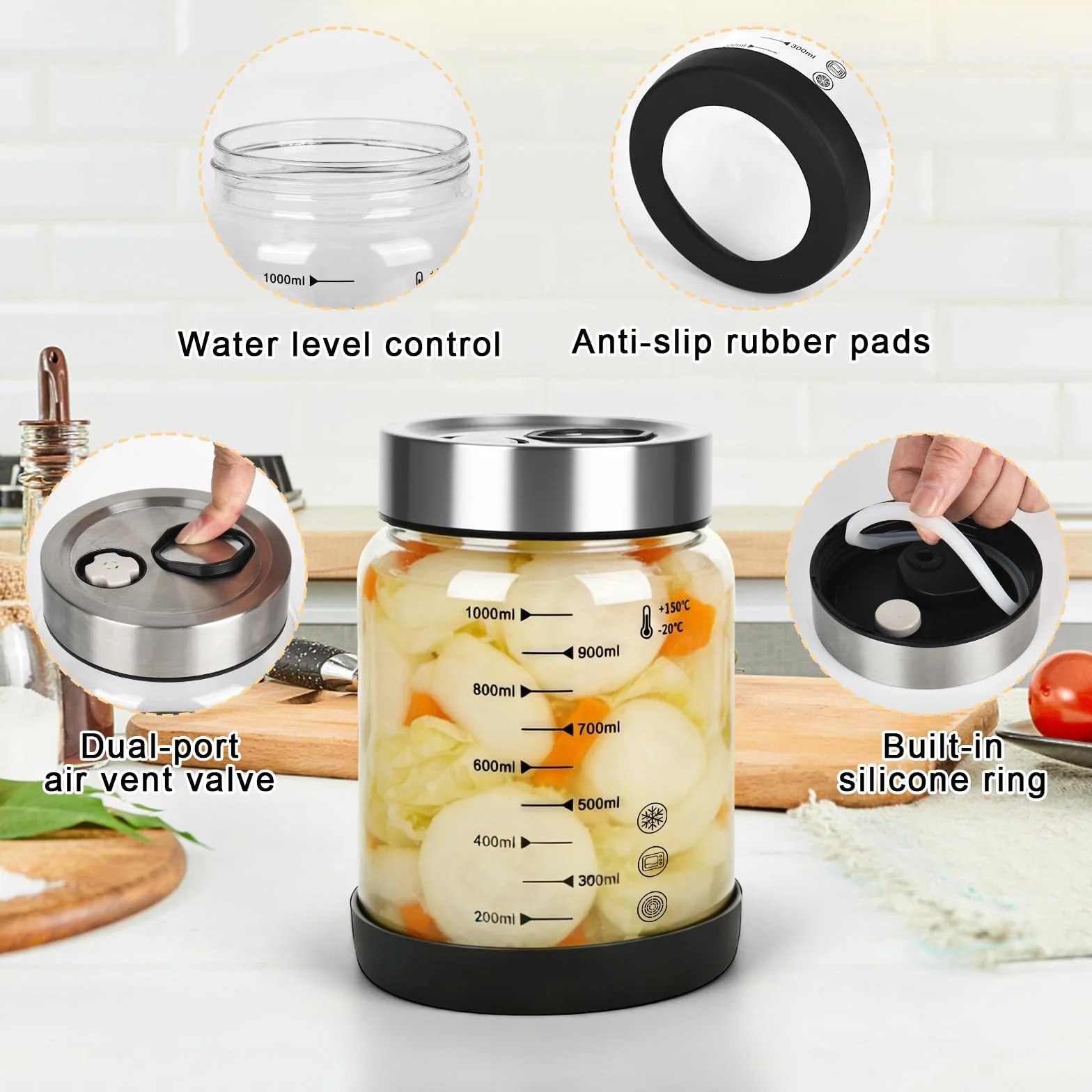 Słoik do fermentacji 1 l z pokrywką i zaworem fermentacyjnym, szklany pojemnik kimchi