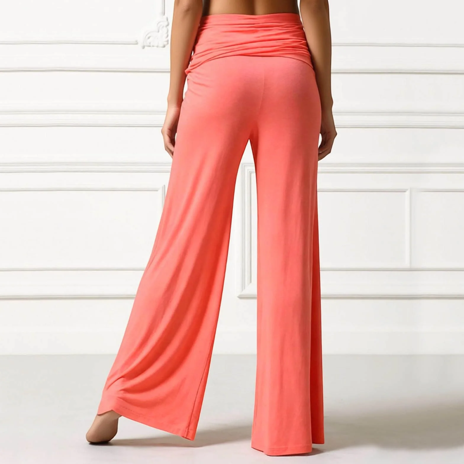 Coral Fold Over Yoga Pants damskie spodnie do jogi, szerokie spodnie z marszczeniem, luźny krój, jednokolorowe 2026, koralowe spodnie plisowane, szerokie spodnie Palazzo z wysokim ściągaczem