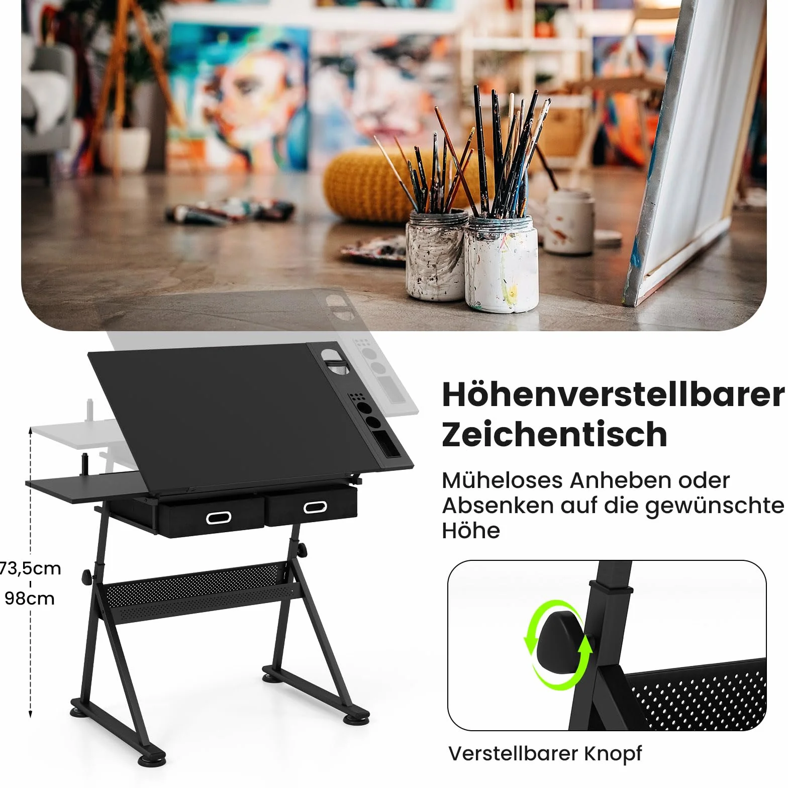 COSTWAY Stół kreślarski z taboretem, stół architekta z regulacją wysokości, biurko z uchylnym blatem, biurko dla ucznia z 2 szufladami, stół roboczy dla architektów i artystów (czarny)