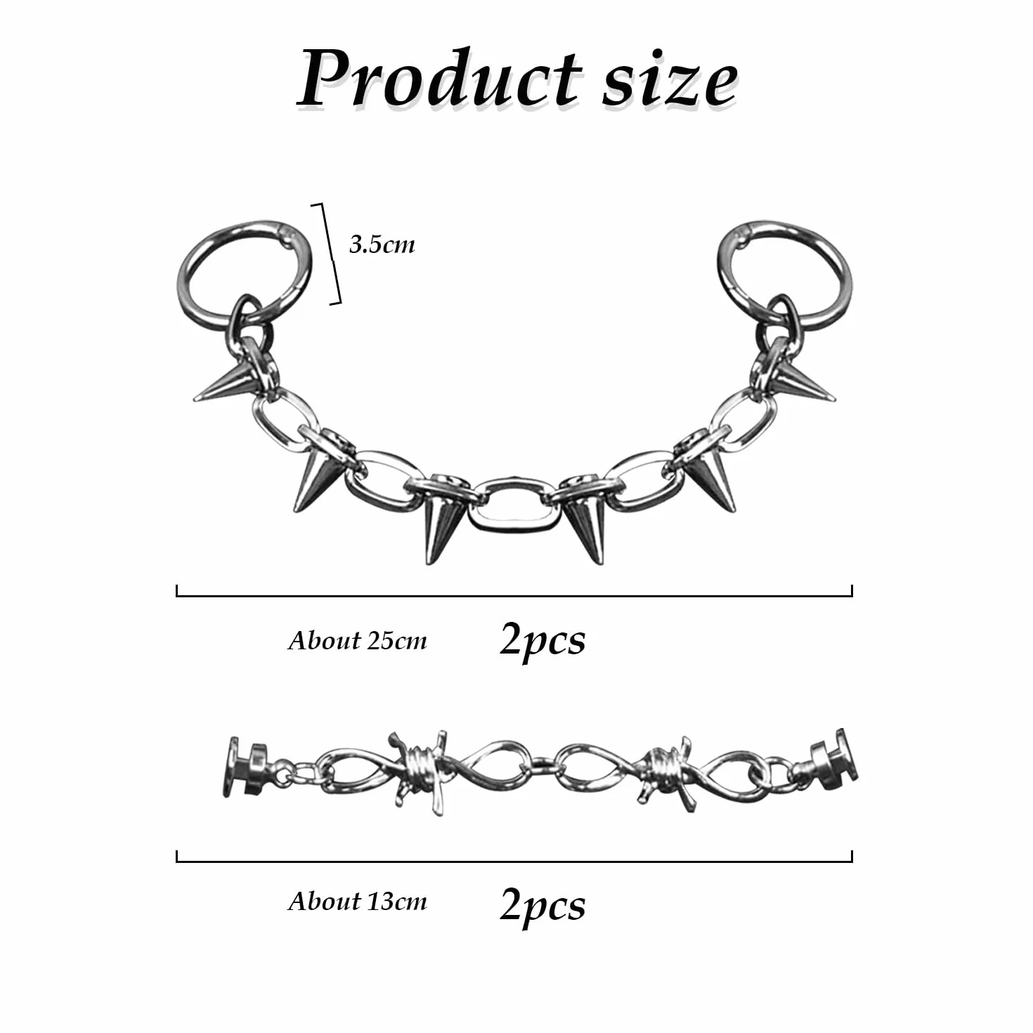 2 Metalowe Ozdoby do Butów z Łańcuszkiem, Ćwiekami i Kolcami - Zdejmowane, Punkowe na Urodziny, Festiwal, Imprezę - One Size, Metal