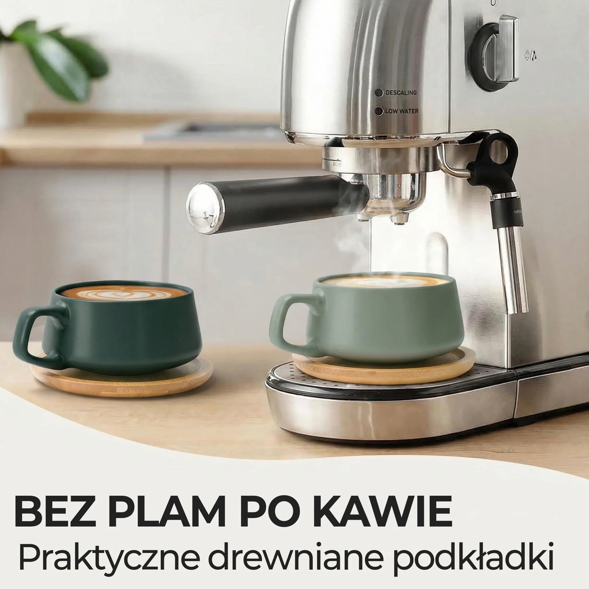 Filiżanki Ceramiczne 320 ml Zestaw 4 - Kubki do Kawy Herbaty Cappuccino z Spodkami Bambusowymi