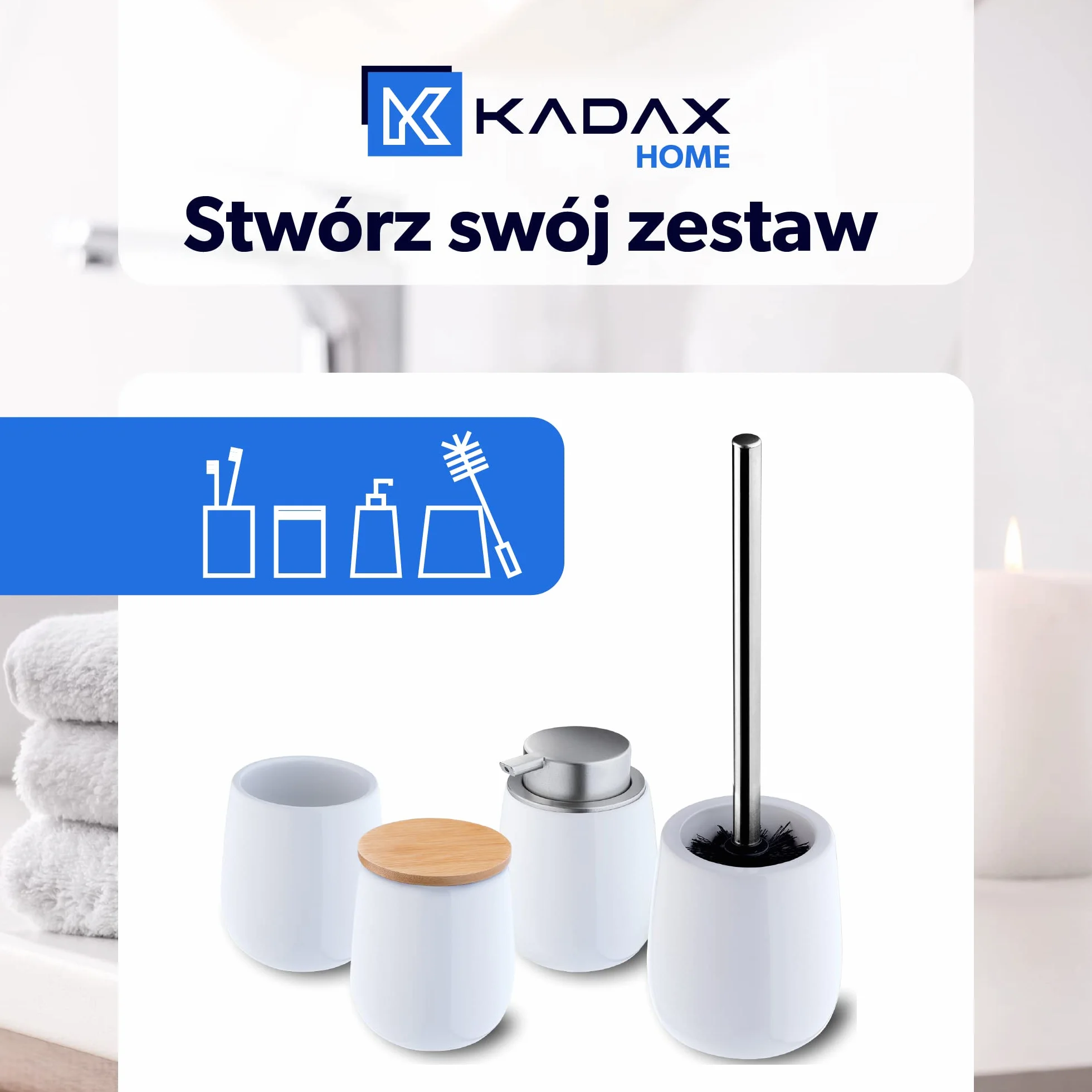 KADAX Pojemnik łazienkowy ceramiczny biały z bambusową pokrywką, szczelne zamknięcie ogranicza wilgoć, zmywalna powierzchnia, na waciki kosmetyczne, patyczki i drobiazgi do łazienki