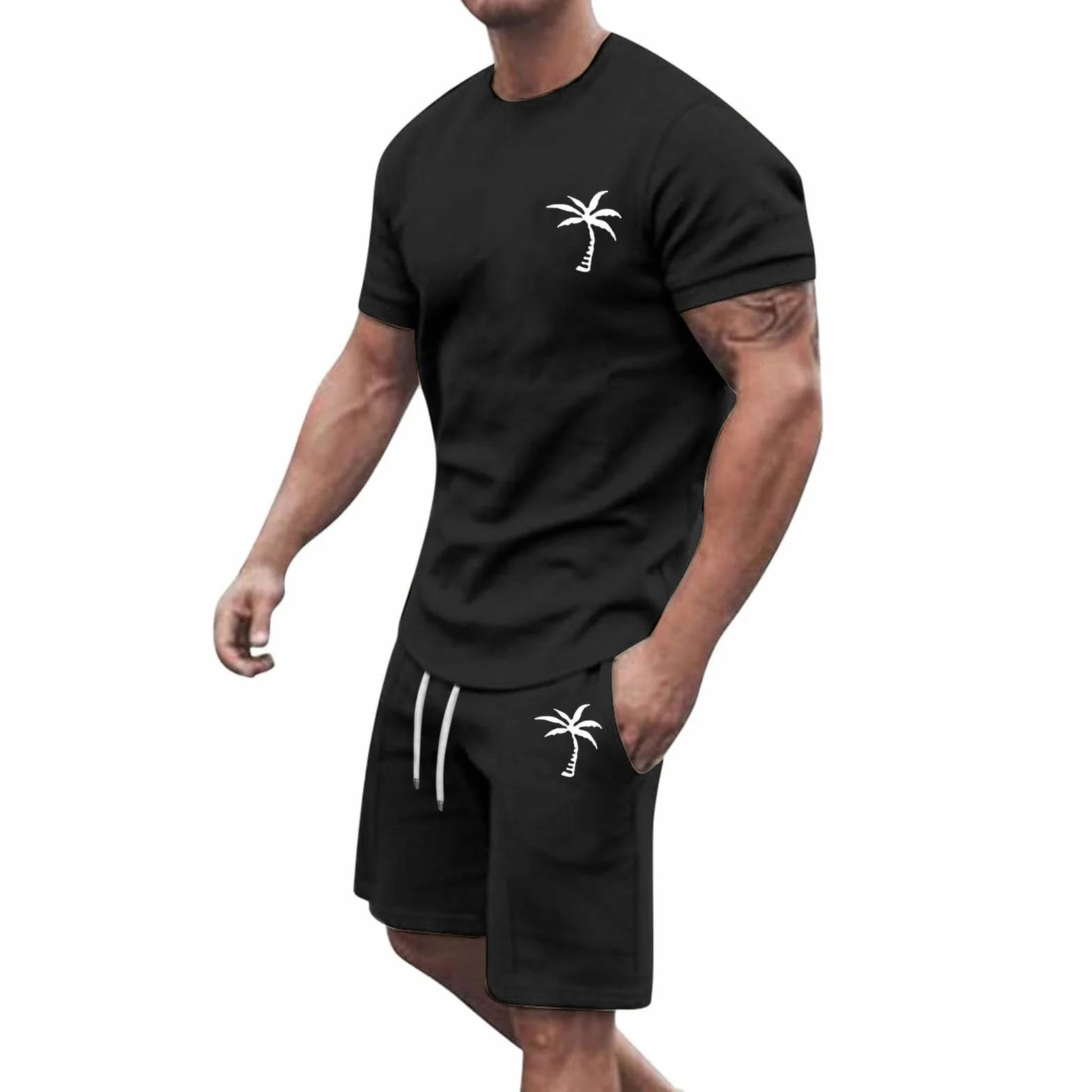 Męski dres sportowy na lato miękki fitness koszulka z krótkim rękawem i krótkie spodnie okrągły dekolt wygodne stroje sportowe z kieszeniami do joggingu, strój gimnastyczny, na siłownię, wakacje