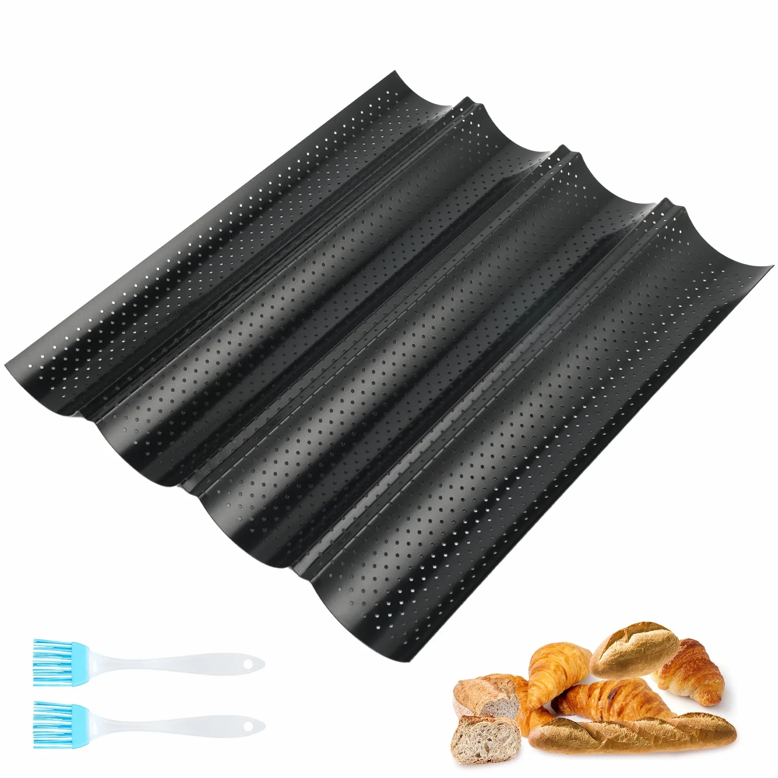 CRESZZLE Forma do pieczenia bagietek z powłoką zapobiegającą przywieraniu, blacha do bagietek na 4 bagietki ze stali węglowej, blacha do pieczenia bagietek 38 x 32,5 cm, blacha do bagietek dla