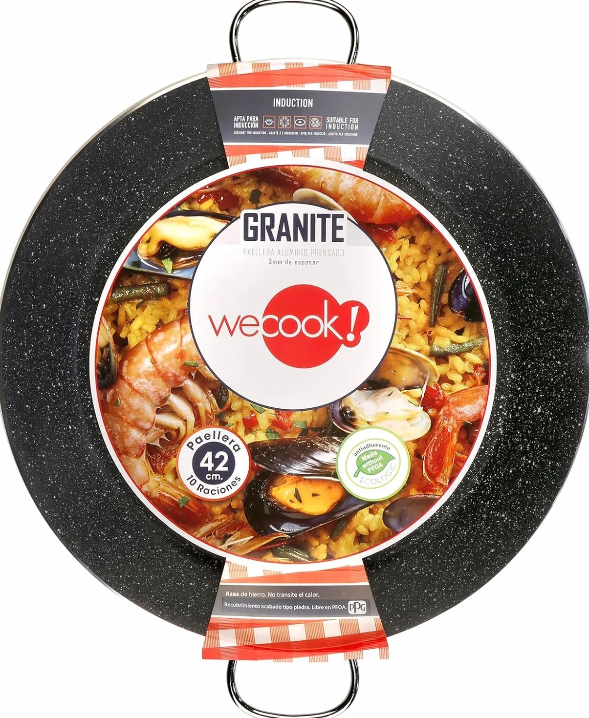 WECOOK! Granit patelnia do paelli indukcyjnej, 42 cm, 10 porcji, aluminium, powłoka nieprzywierająca XYLAN PLUS bez PFOA, grubość 3 mm, nadaje się do wszystkich rodzajów kuchenek, ceramiki szklanej,