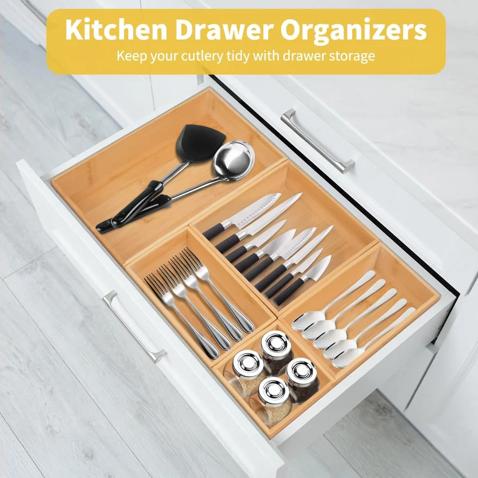 Bambusowy organizer do szuflad 5-częściowy 5 cm pudełko do przechowywania sztućców