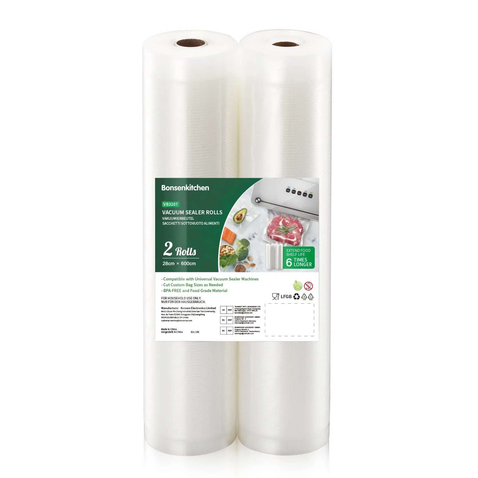 Bonsenkitchen Folia Próżniowa w Rolce 28 x 600 cm Worki Próżniowe do Zgrzewarek Żywności bez BPA Odporne na Gotowanie Zamrażanie Sous Vide