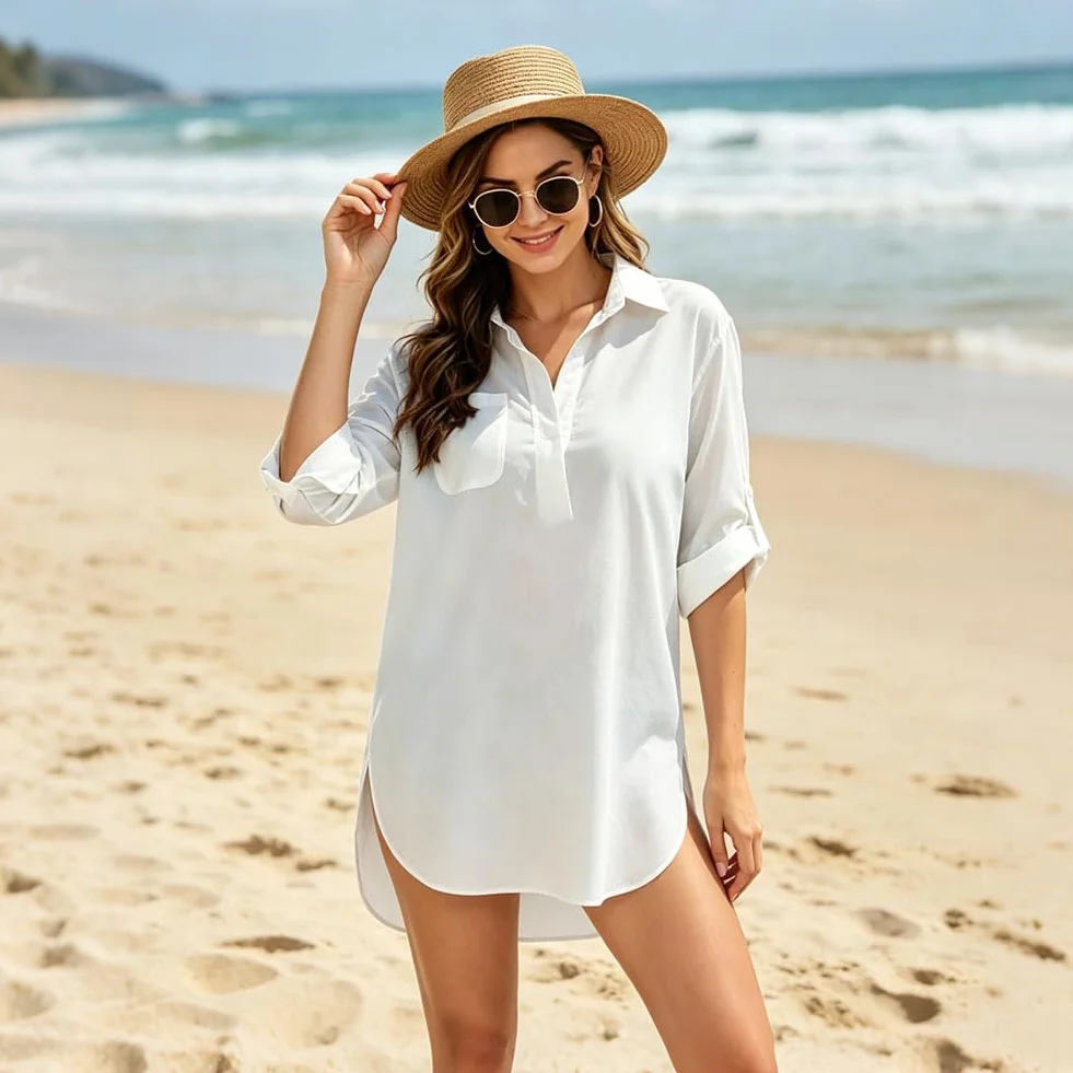 AUYAO Damska sukienka plażowa, letnia bluzka plażowa, dekolt w kształcie litery V, luźna tunika plażowa, ponczo plażowe, długa bluzka na bikini, zakryte rękawy 3/4, elegancka moda kąpielowa