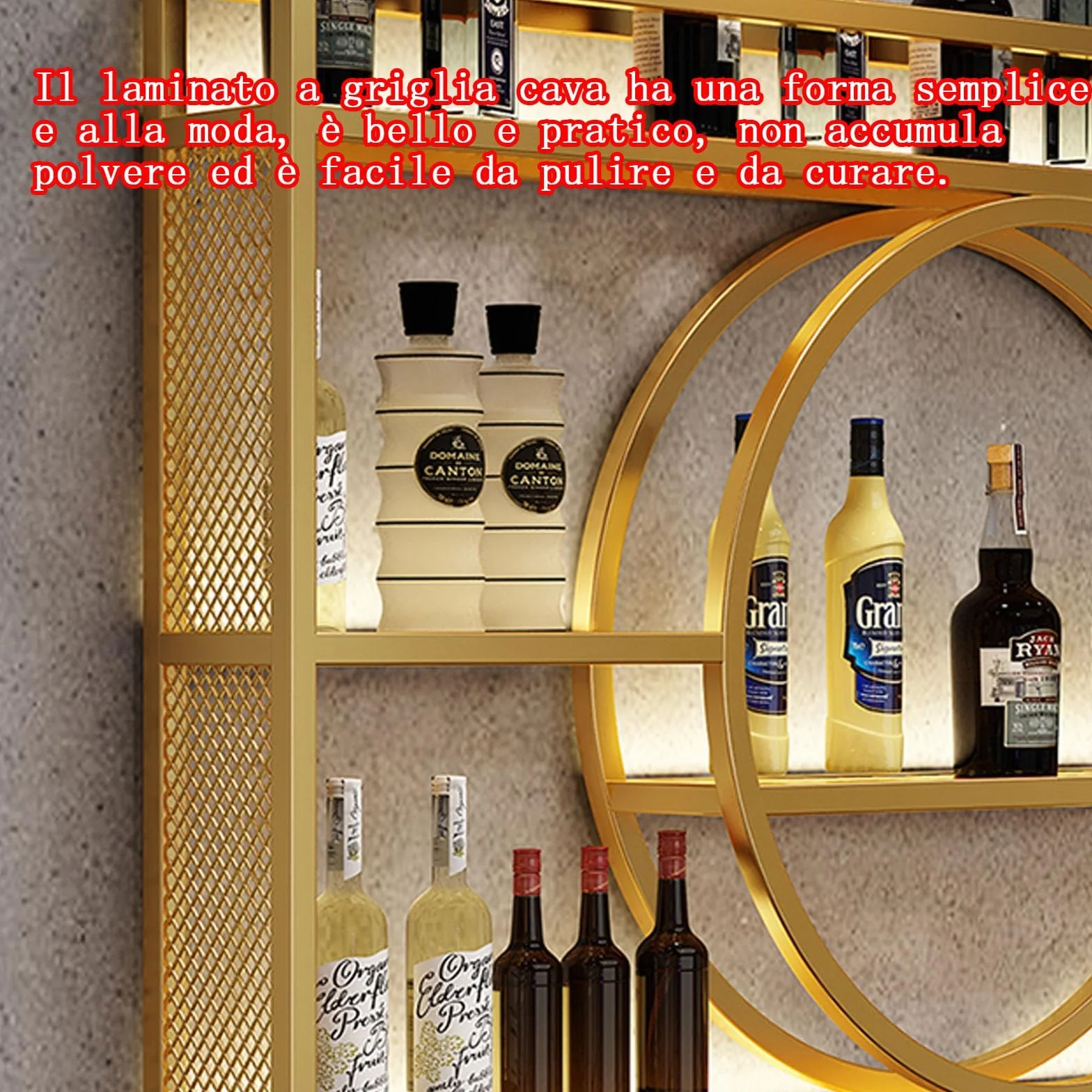 Metal Floating Wall Wine Shelf with LED Light and Wine Glass Holder