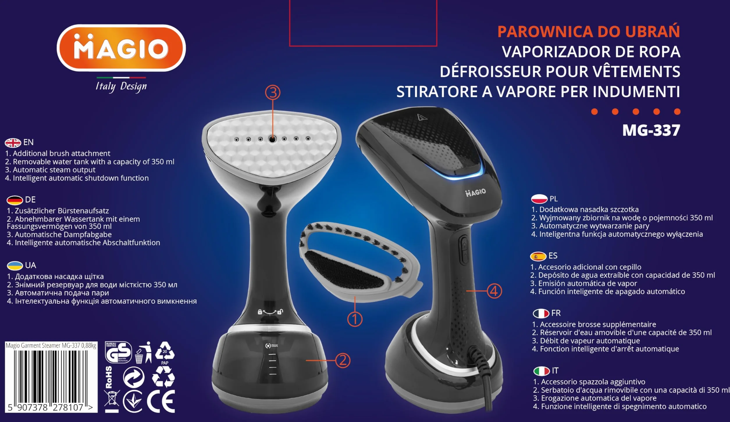 MAGIO Parownica ręczna 1700 W 28 g/min pary auto shut-off zbiornik 350 ml