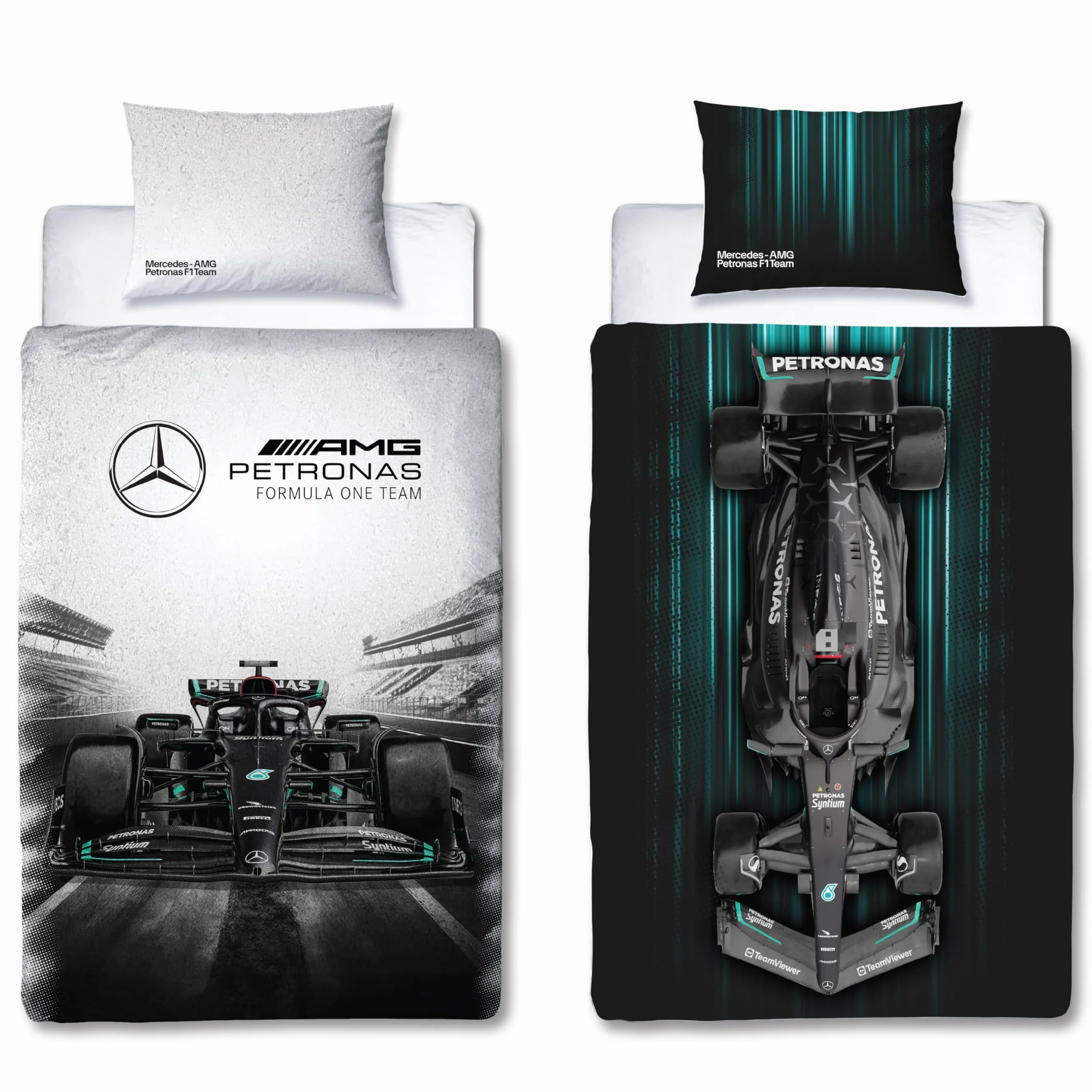 Character World Oficjalny zestaw poszewek na kołdrę Mercedes AMG Petronas, wzór panoramy, szara, dwustronna, formuła, 1, oficjalny produkt, w tym pasująca poszewka na poduszkę
