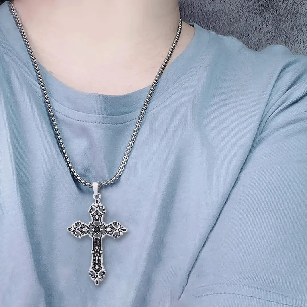 2 szt. Męski krzyż naszyjnik ze stali nierdzewnej, prosty łańcuszek, biżuteria prezent, moda, wisiorek, czarny, srebrny