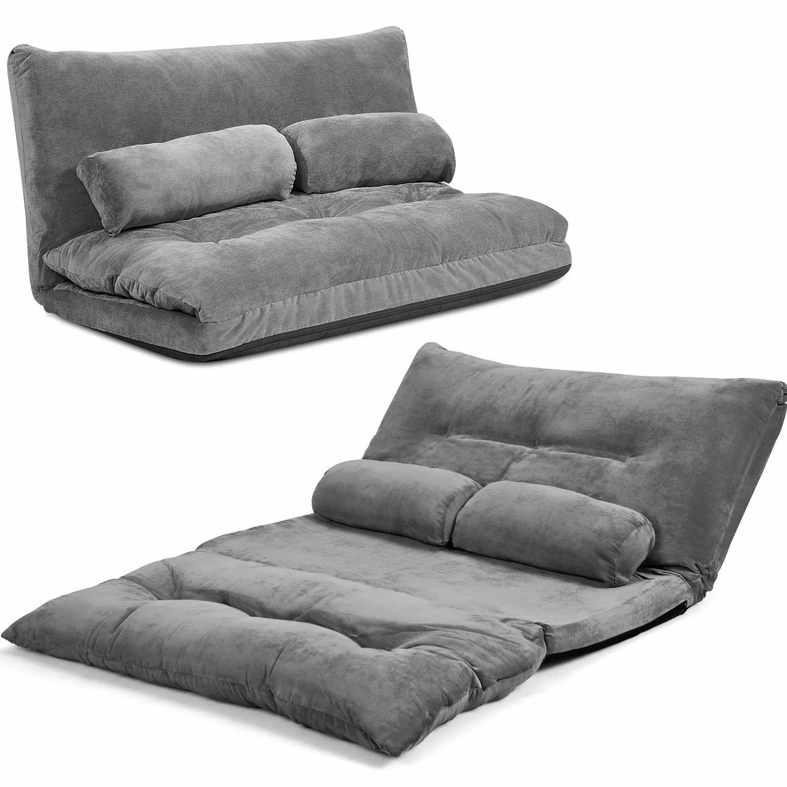 LIFEZEAL Sofa do spania 2-osobowa, składana sofa podłogowa, fotel podłogowy, regulowany w 6 pozycjach, poduszka do siedzenia z 2 poduszkami lędźwiowymi, do 150 kg, składana sofa do salonu (kolor szary