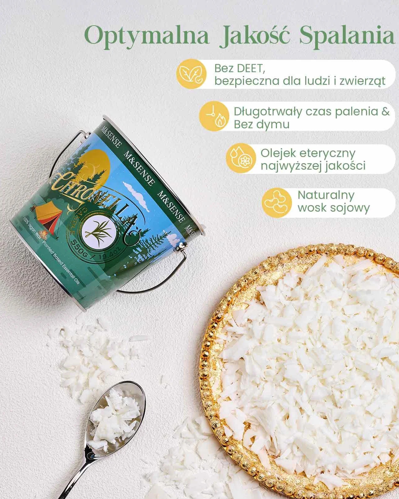 M&SENSE Świece Cytrusowe Citronella 550g - Naturalny Olejek Citronella, Długi Czas Palenia 110h, Świece Sojowe na Taras i Camping, Intensywny Zapach Trawy Cytrynowej, Do Wnętrz i Na Zewnątrz