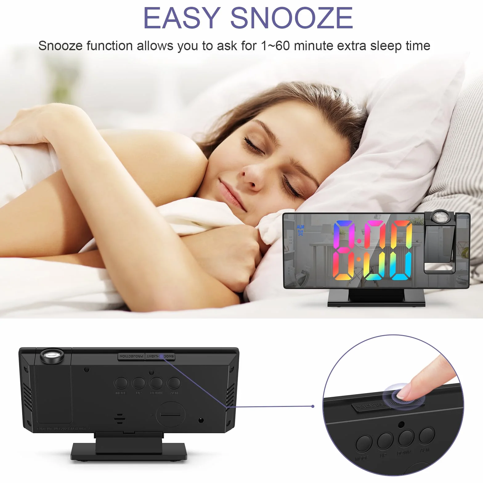 Budzik projekcyjny 7,8 cala z ekranem lustrzanym, projektor 180°, USB, 4 regulacje jasności