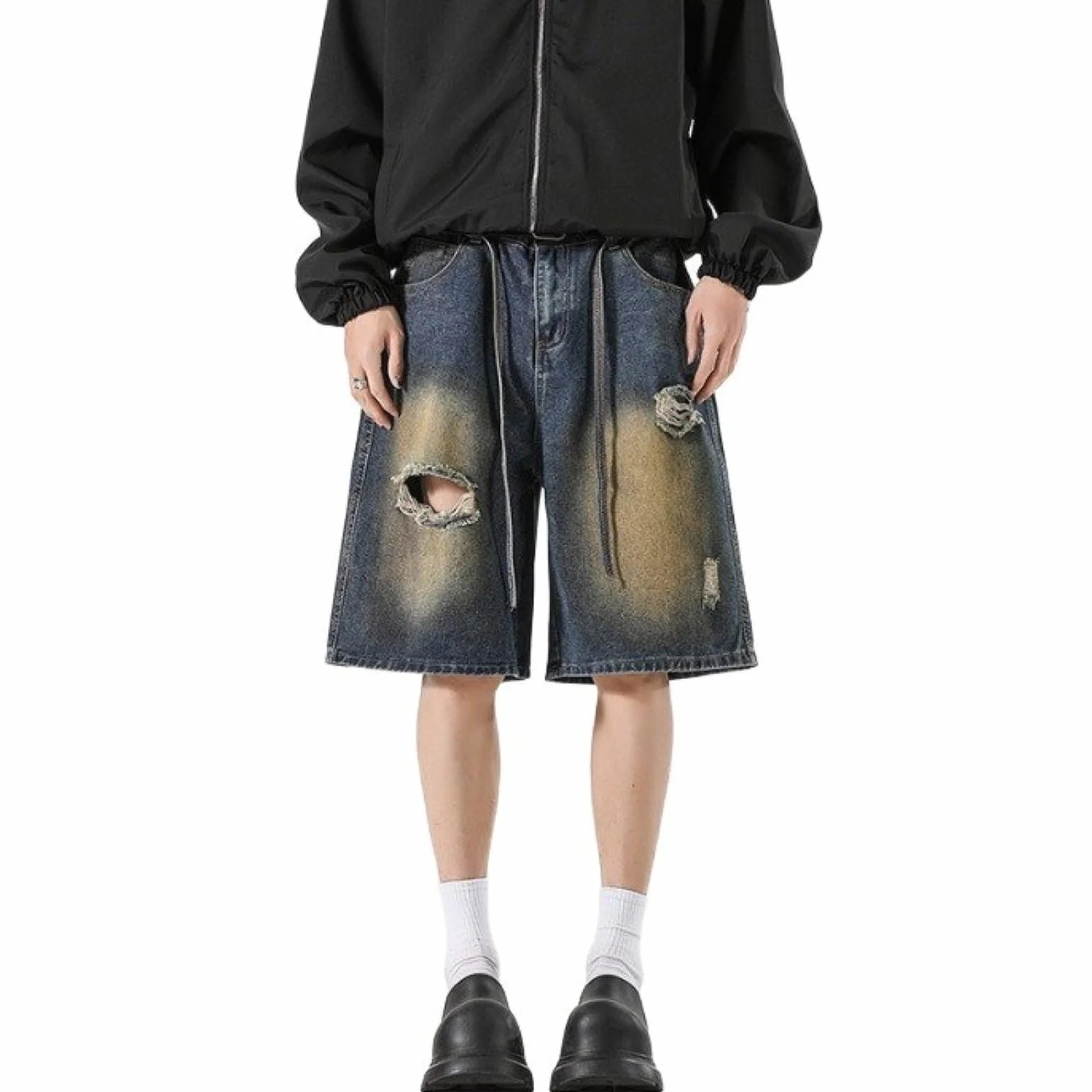 Męskie Y2k vintage podarte szorty dresowe bojówki z elastycznym pasem i sznurkiem, dżinsowe streetwear