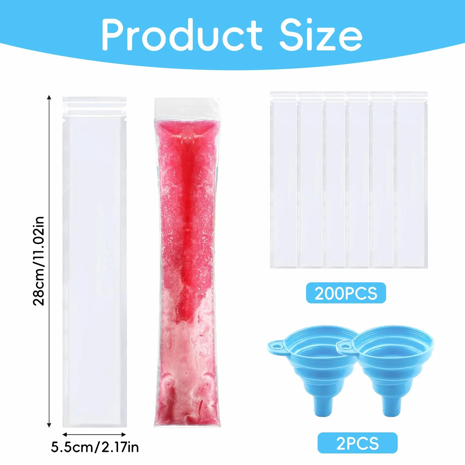 Torebki na lód wodny 200 sztuk, foremki do lodów, z lejkiem do produkcji lollypop