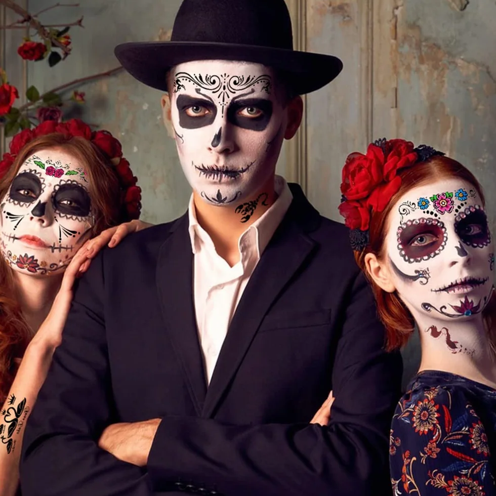 Halloween Naklejka i Tatuaż Twarzy - Tymczasowe Tatuaże z Trupią Czaszką, Kwiatowe, Błyszczące Kamyczki na Usta - Na Karnawał, Maskaradę
