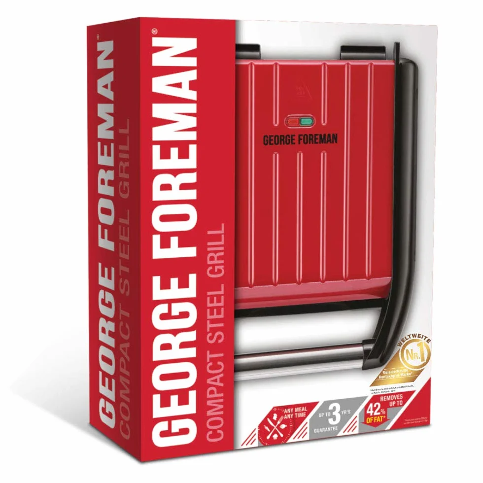George Foreman grill elektryczny, redukujący ilość tłuszczu, wyjmowane płyty z powłoką nieprzywierającą, ruchome zawiasy, moc 1200W, czerwony, Steel Compact 25030-56