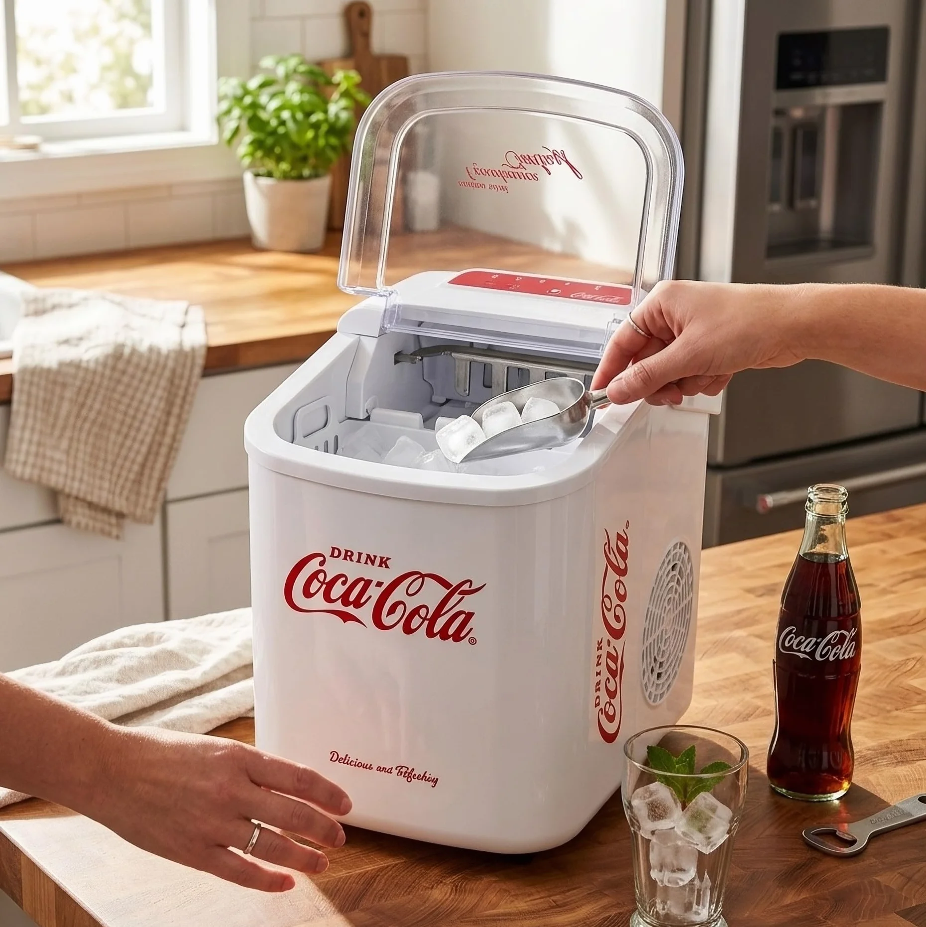 Salco Coca Cola Kostkarka do lodu 10 kg dziennie 2 rozmiary kostek retro biała przenośna
