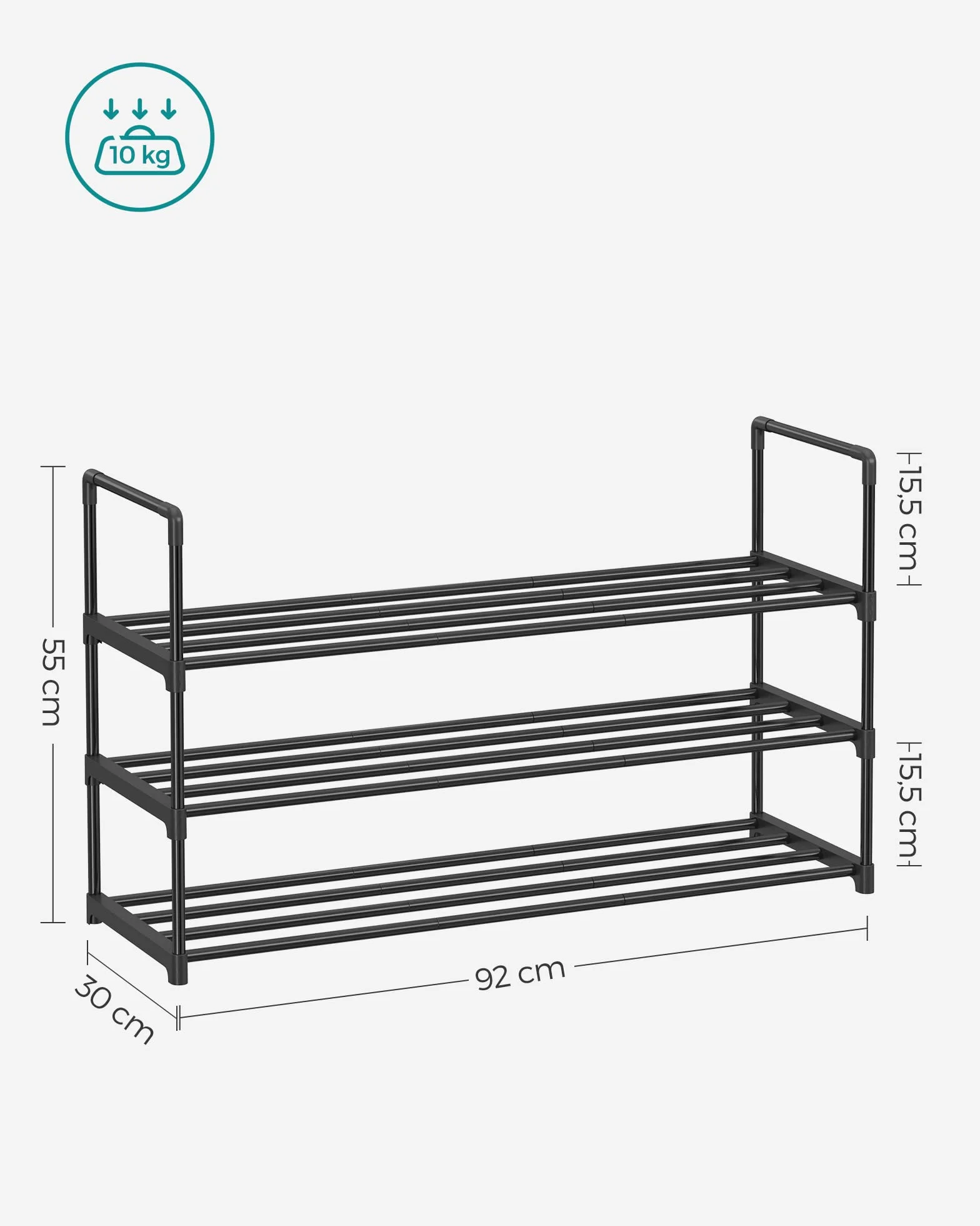 SONGMICS Regał na buty, 3-poziomowy, metalowy, 12-15 par, do korytarza, salonu, sypialni, 30 x 92 x 55 cm, czarny, LSA303B02