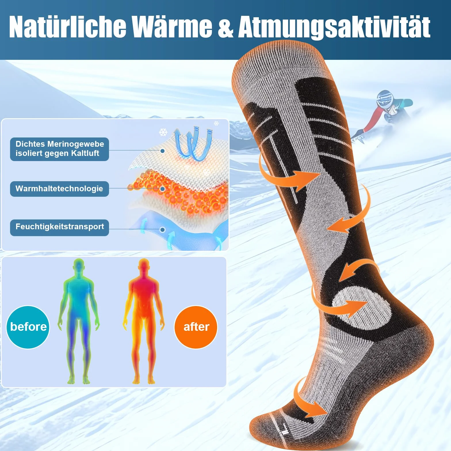 SukModen 2 Pary Skarpetki Narciarskie Wełny Merino Dla Dam i Panów, Grzewcze Termiczne Grube Skarpetki Zimowe Na Zimową Pogodę, Śnieg, Narciarstwo, Snowboarding, Polowanie, Wędrowanie