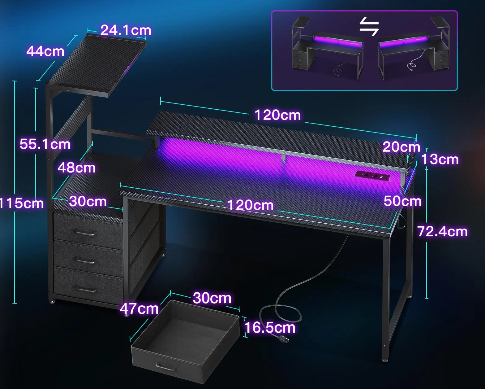 Coleshome Biurko Gamingowe LED 151 cm z Gniazdkiem i Szufladami, Stojak na Monitor, Włókno Węglowe Czarne