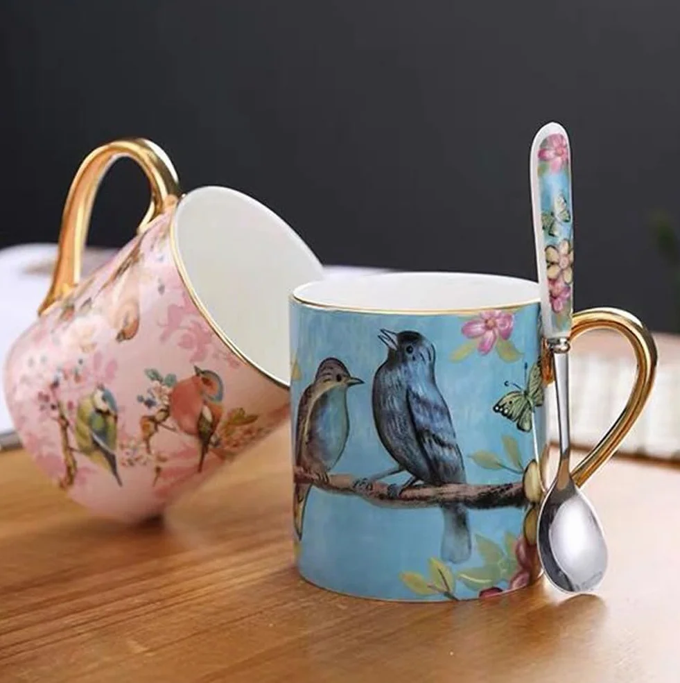 YBK Tech Porcelanowa Filiżanka do Herbaty z Porcelany Kostnej, 350 ml Kubek do Kawy - Wzór Ptaków (Różowy)