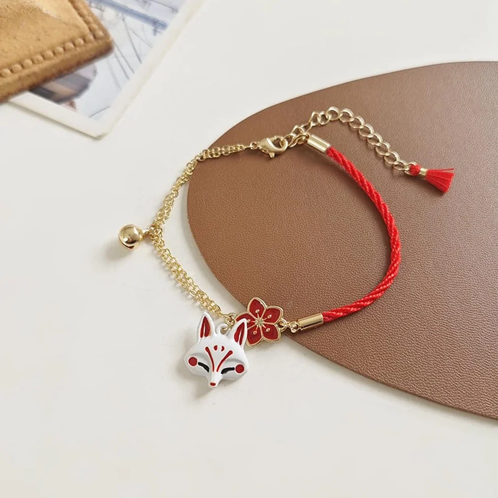 Japońska urocza czerwona sakura lis maska bransoletka dzwonek charm pół czerwona lina pół łańcuszek bransoletki dla kobiet, średnia, cynk, bez kamieni szlachetnych, Medium, Cynk, Bez kamienia