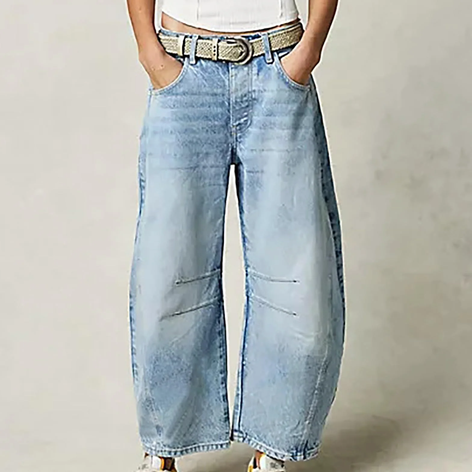 Damskie Workowate Dżinsy z Szeroką Nogawką Barrel Podkowa Boyfriend Przycięte Surowe Spodnie Dżinsowe Modne Dżinsy Vintage Hip Hop Baryłkę Vintage Niebieski Streetwear Dżinsy Wciągane Spodnie