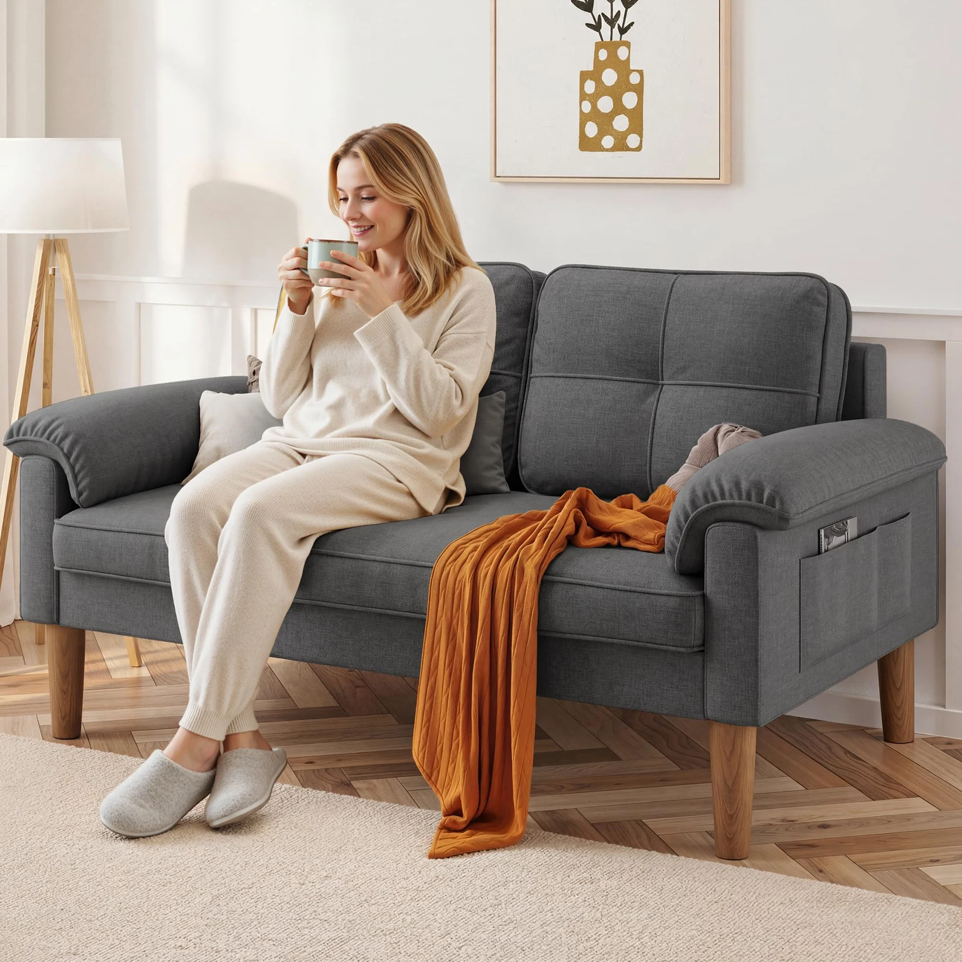 Xbro Sofa 2-osobowa, kanapa z podłokietnikiem i kieszenią boczną, materiał, 144x77x77 cm, ciemnoszara