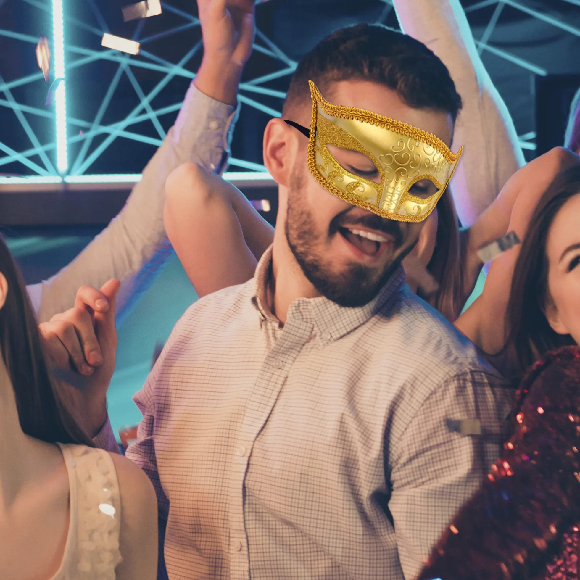 SIQUK Para maskaradowych masek z koronki, wenecka maska na imprezę, plastikowa maska do kostiumu na Halloween, maska z kryształem górskim, Mardi Gras, dla par, kobiet i mężczyzn, złote