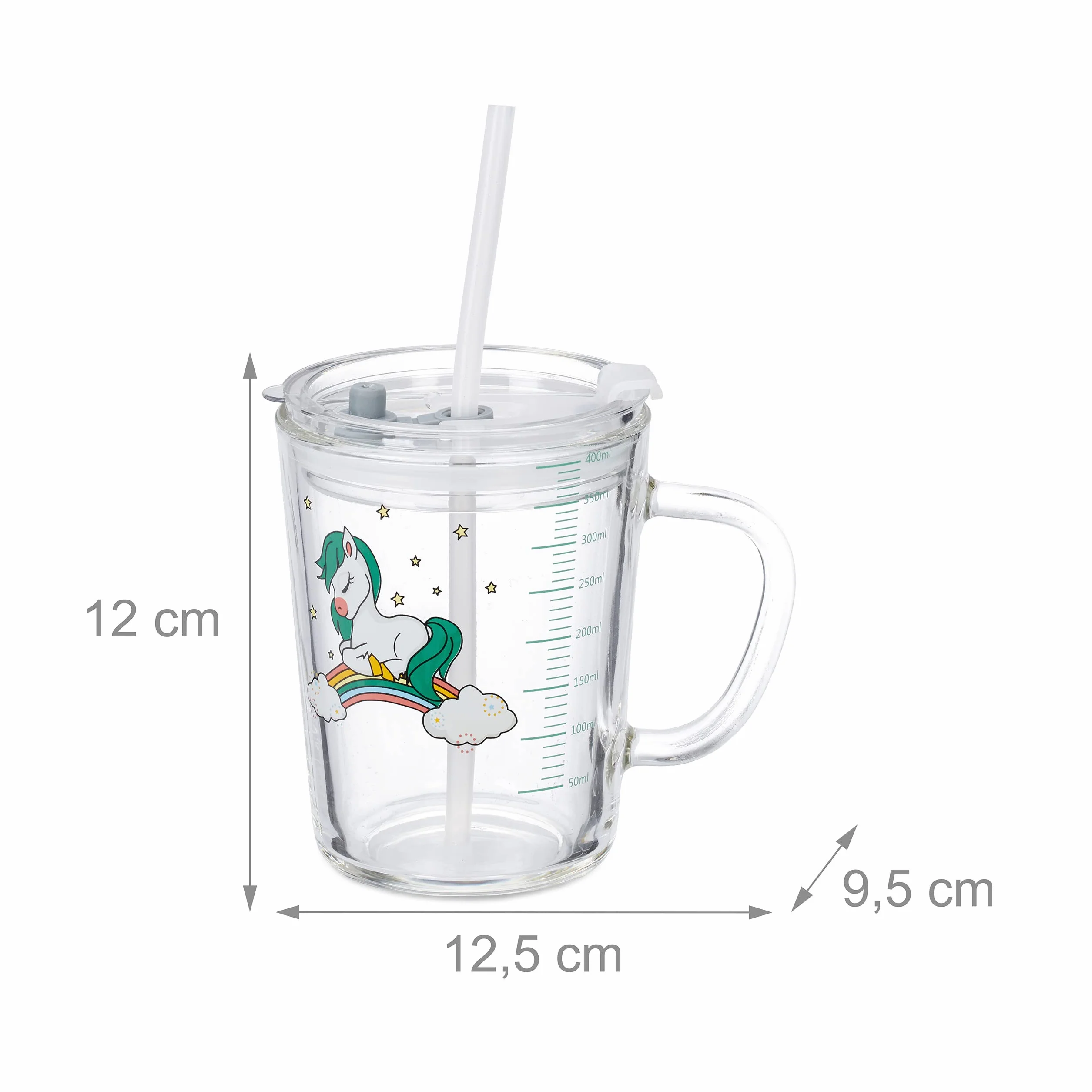 Relaxdays zestaw 2 szklanek ze słomkami, kubki na napoje z uchwytami, motyw konika, 400 ml, ze skalą, przezroczysty