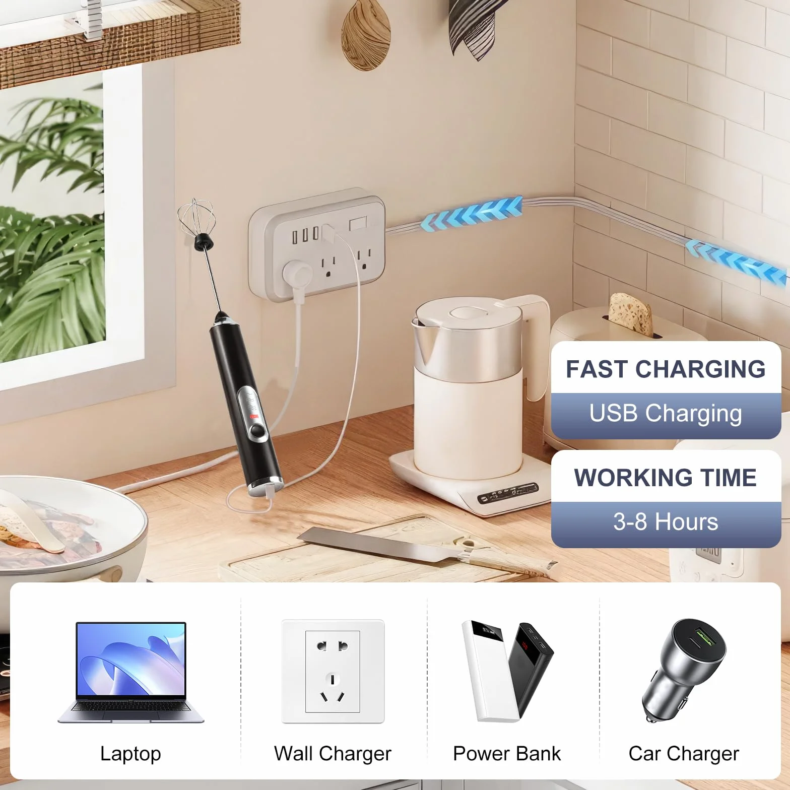 Weinsamkeit Rechargeable USB Milk Frother, elektryczne mleko Frother z 3 głowicami rurkowymi, regulowany mini whisk z 3 prędkościami, mini elektryczne jajka Whisk do kawy, Matcha, Latte, Cappuccino