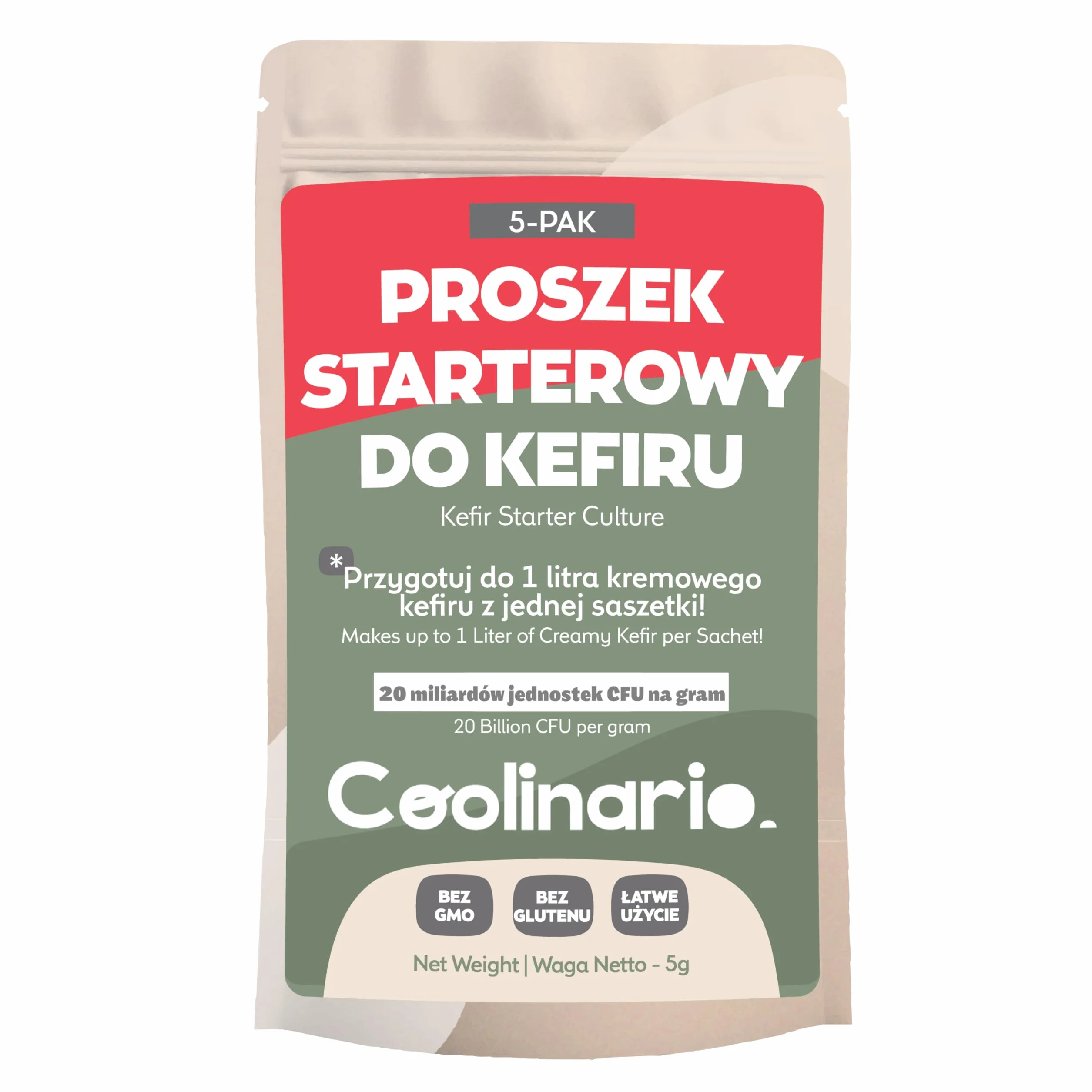 Coolinario starter do kefiru z probiotykami (5x1g) | Kultury bakterii | Kremowy smak, kwaśny | Bez glutenu, Halal, Koszerny | Bez konserwantów