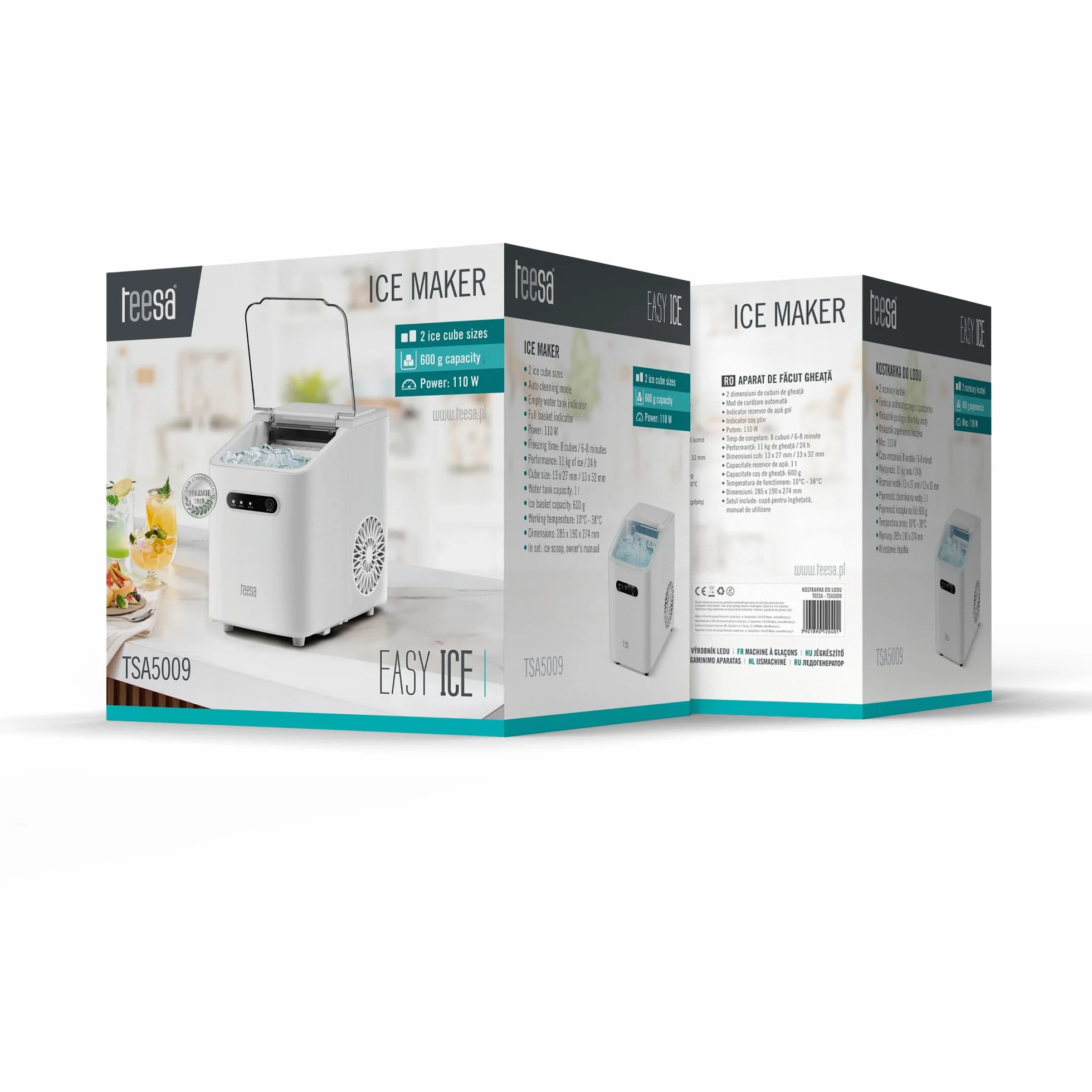 Teesa Kostkarka do Lodu EASY ICE 1L 110W Dwa Rozmiary Kostek 11 kg/24h Autoczyszczenie TSA5009