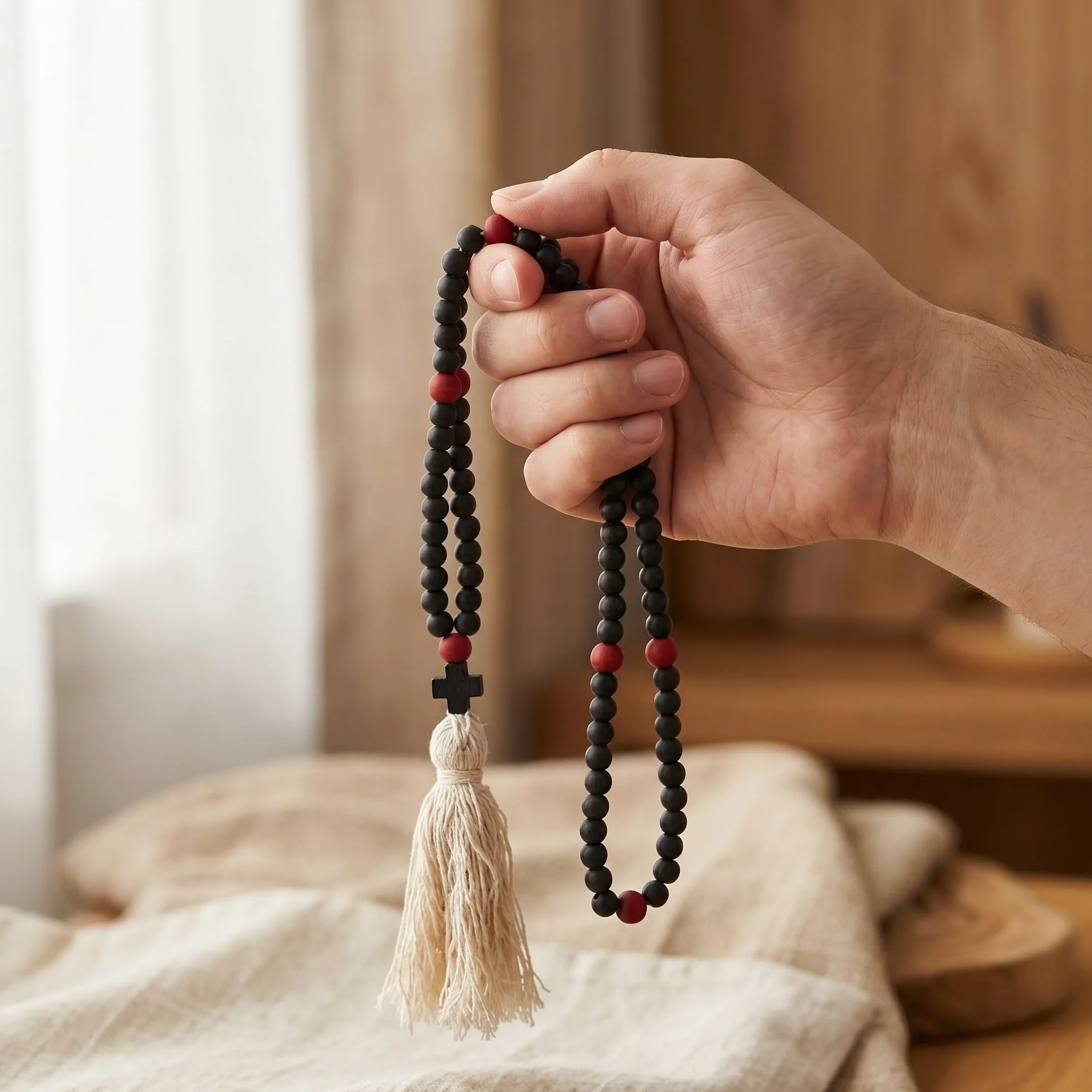 Orthodox Prayer Rope with Handknotted Wool Beads Chotki Christian Rosary Cross Charm for Car And Home Protection Blessing Ornament