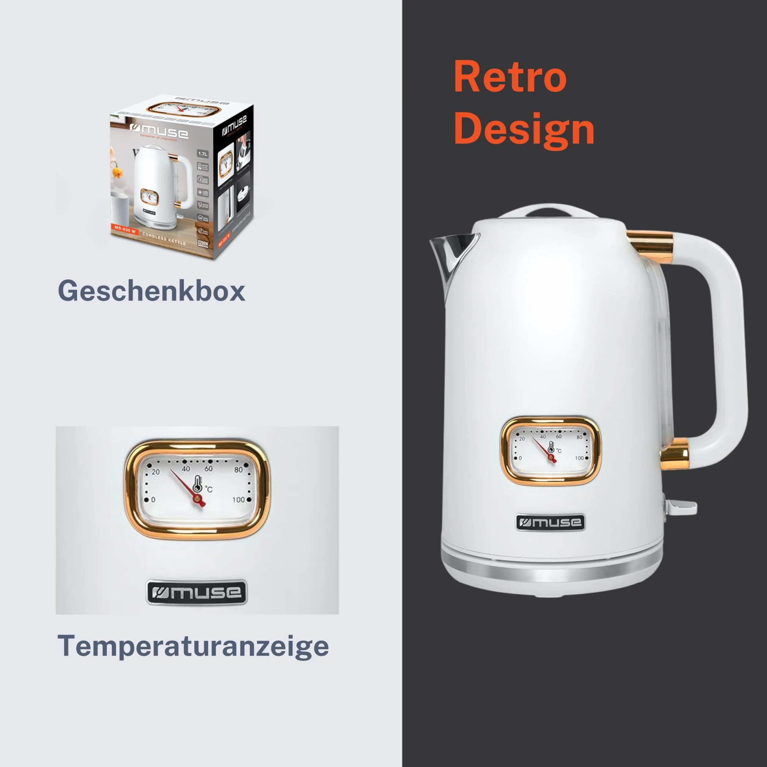 MUSE Czajnik elektryczny retro ze stali nierdzewnej 1,7 l z analogowym wskaźnikiem temperatury MS-030
