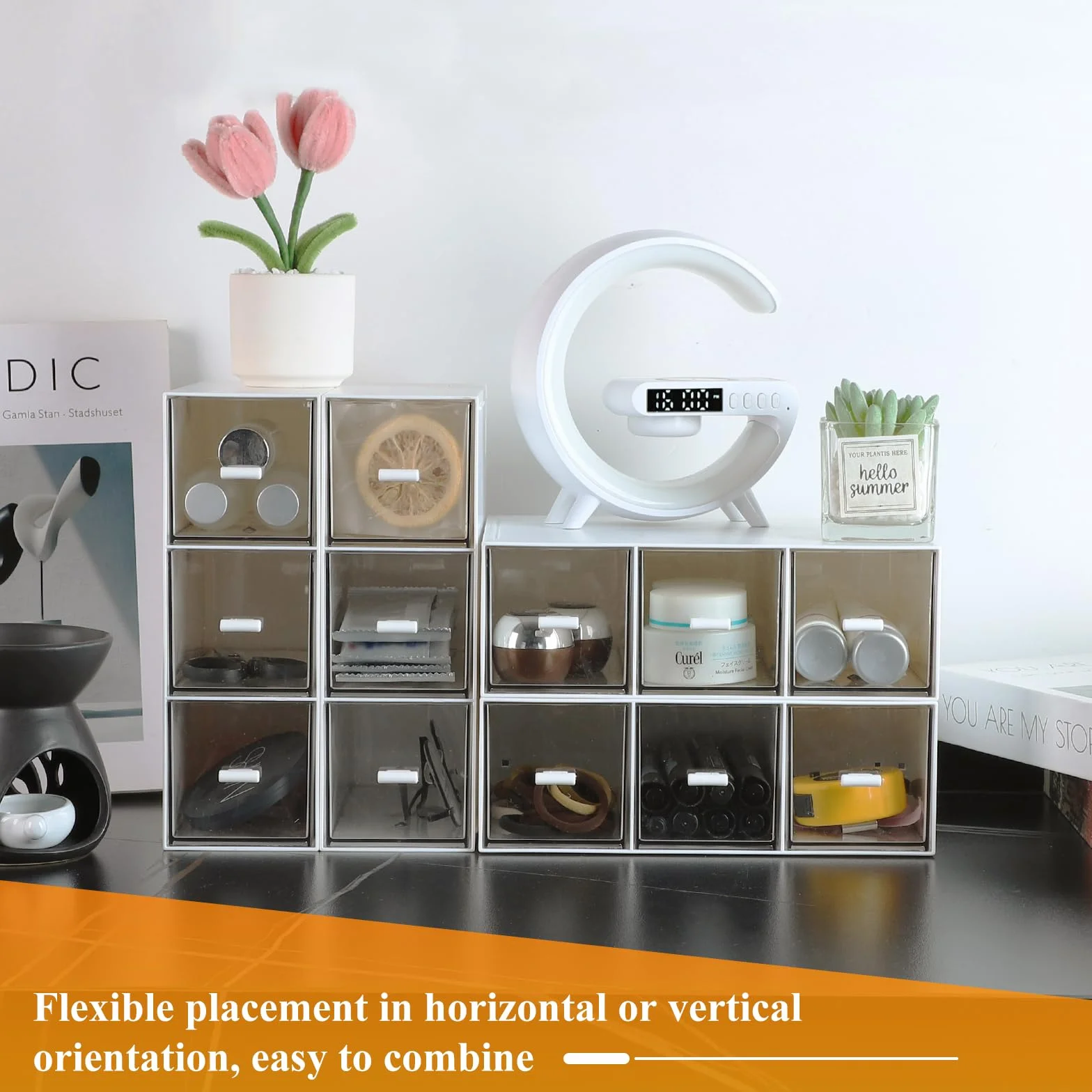 EFUTURETIME 4 sztuki plastikowych skrzynek na herbatę z 12 szufladami 22,6x16,5x7,6cm Organizer na torebki herbaty, przechowywanie herbaty sypkiej, torebek herbaty, kawy, cukru, długopisów i