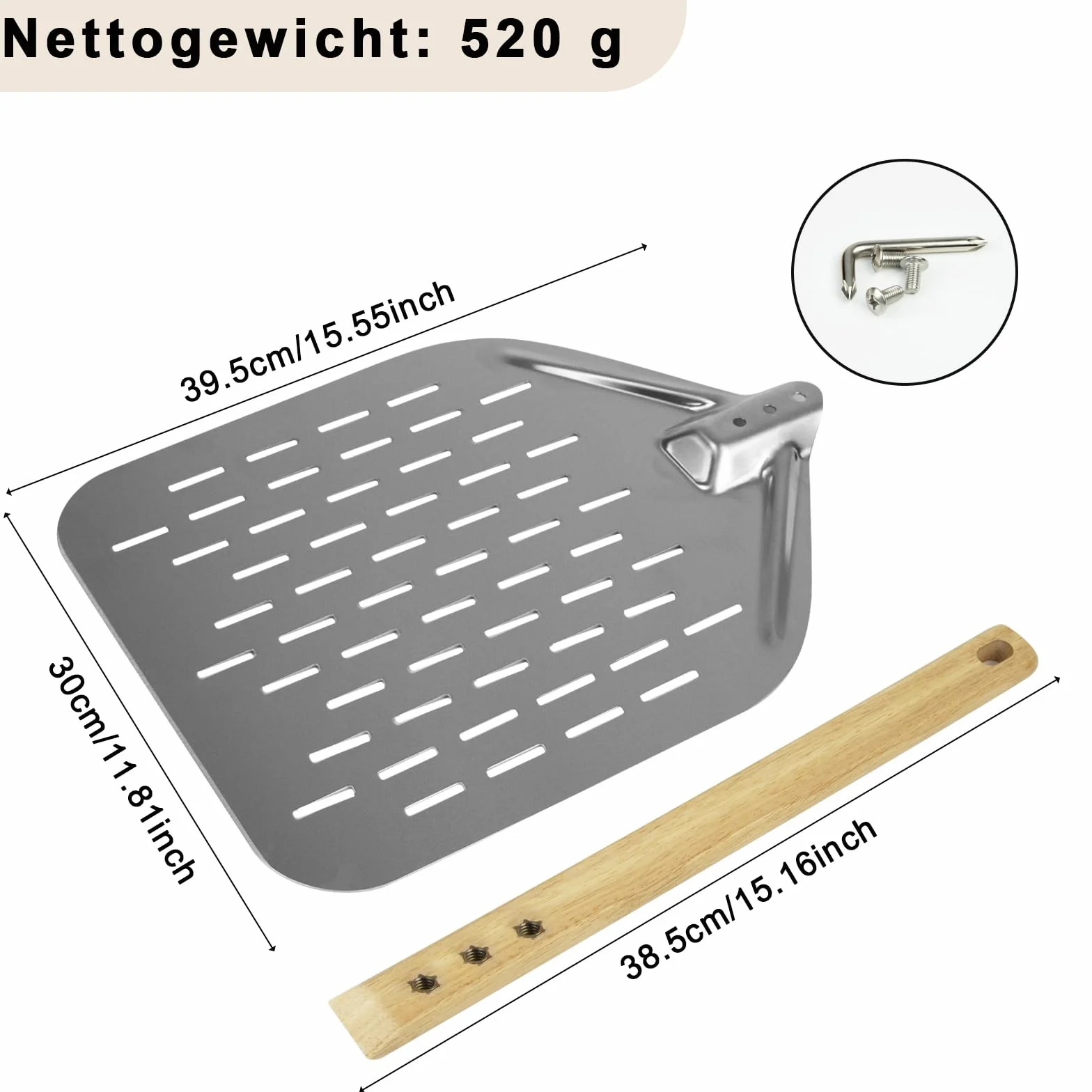 Łopatka do pizzy aluminiowa z odpinanym drewnianym uchwytem 70x30 cm