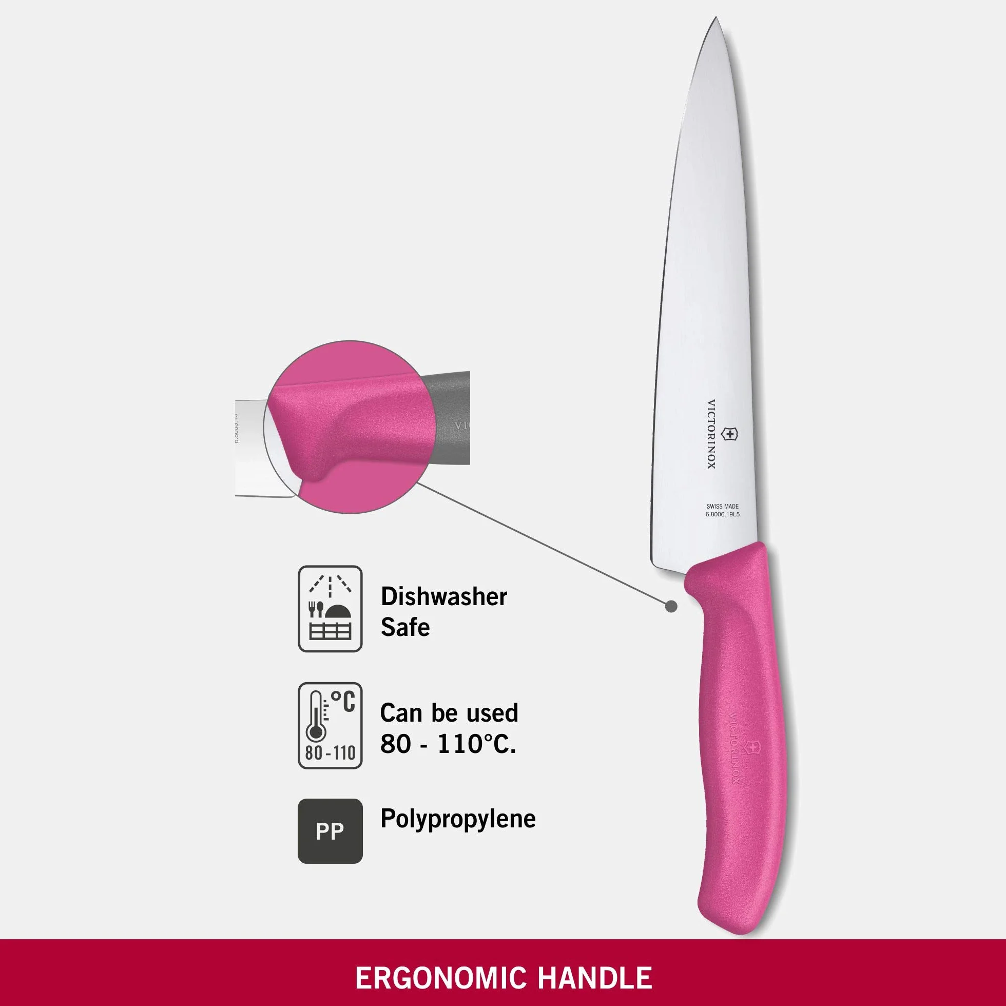Victorinox, 6.8006.19L5B, Swiss Classic, Tranchiermesser, Extra scharfe Klinge, mit geradem Schliff, robuster Kunststoff-Griff, Pink, Made in Switzerland, Spülmaschinengeeignet