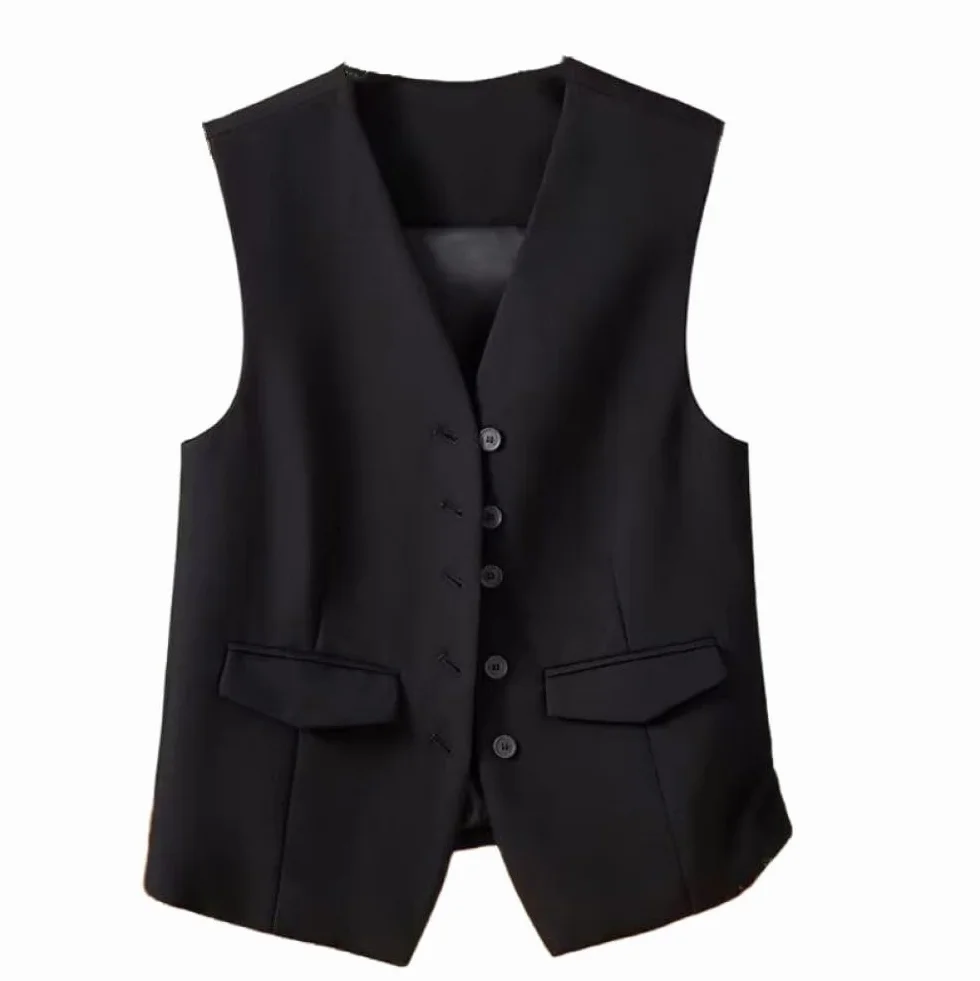 Damska kamizelka bez rękawów Blazer, elegancka smukła biurowa kamizelka płaszcz Retro Party kamizelka, V-hals kamizelka, czarny, XL