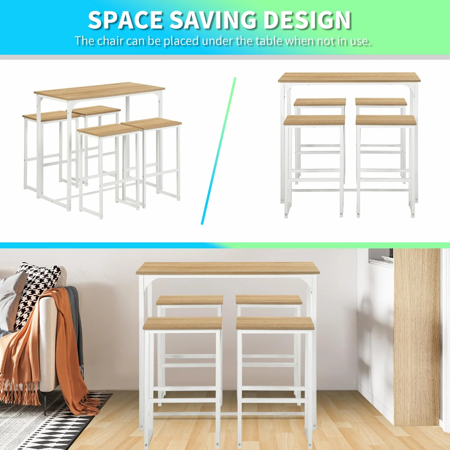 Stół barowy z zestawem stołków barowych, stół kuchenny z 4 taboretami, styl industrialny, nadaje się do kuchni, jadalni, salonu, pubu, stół barowy 100 x 50 x 90 cm, 4 stołki barowe 30 x 40 x