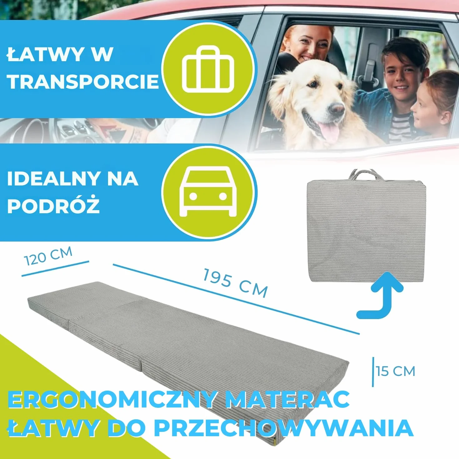 Składany materac 195x120x15 cm z uchwytami i zdejmowanym pokrowcem | Materac gościnny i turystyczny | Oeko-TEX | Składana mata do spania dla dzieci, gości, do podróży | Jasnoszary