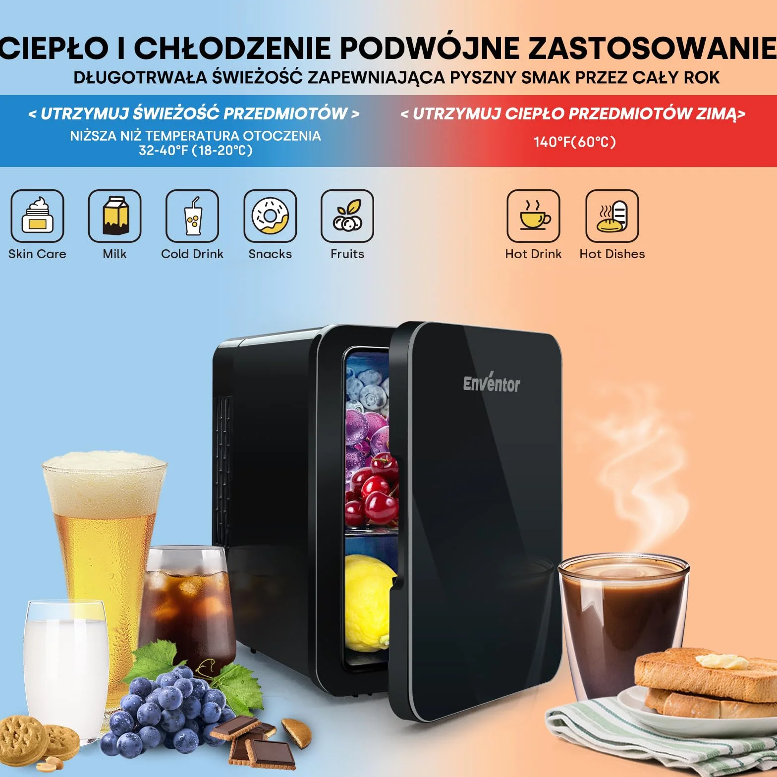 Enventor Mini Lodówka 4 litry, 6 puszek, AC+12V DC, przenośna, czarna