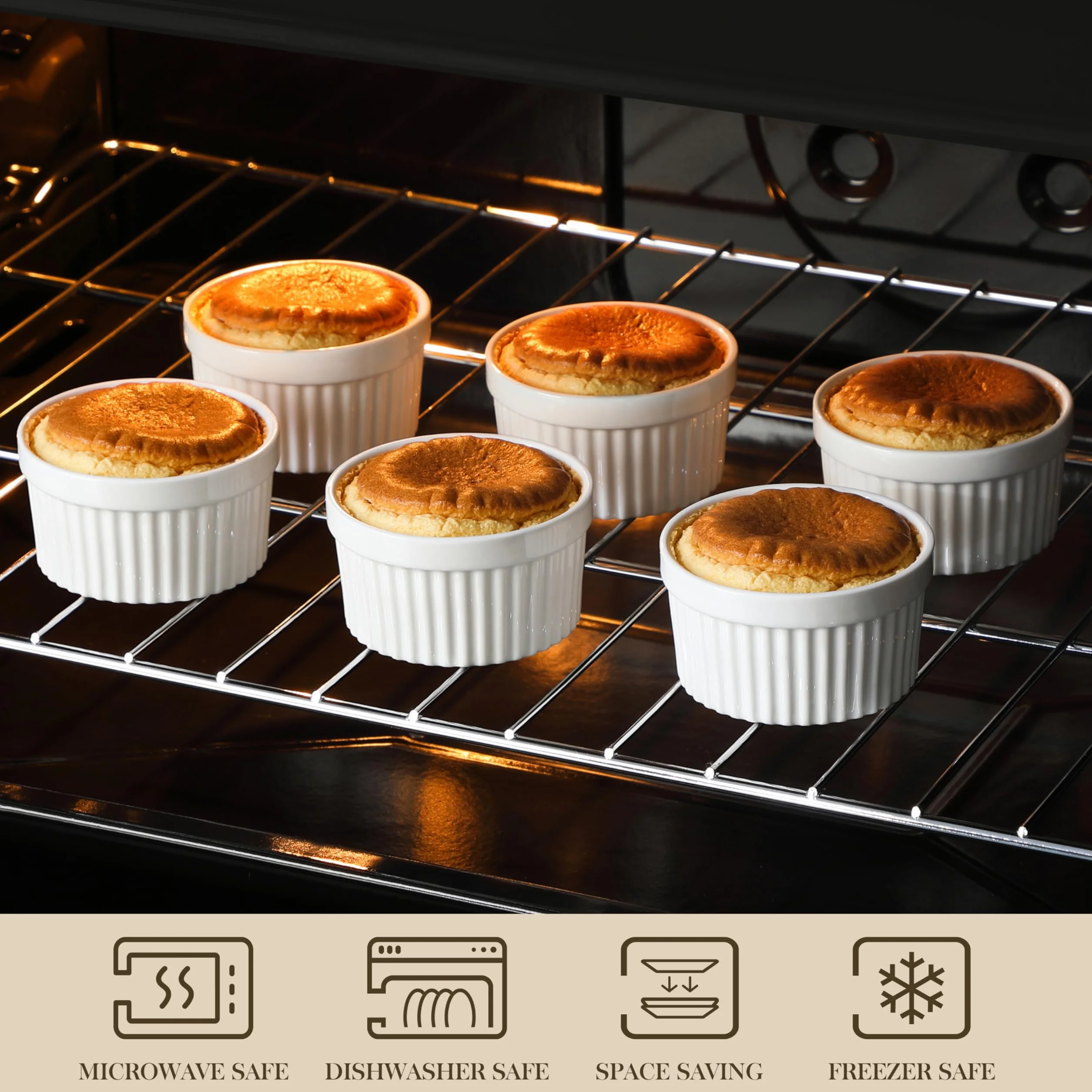 MALACASA Seria Ramekin zestaw 6 miseczek do sufletu 140 ml odporne na piekarnik 8,8 x 4,9 cm białe